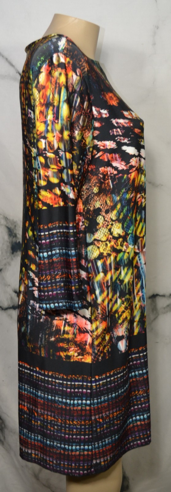 ISLE BY MELIS KOZAN Black Multicolor Multiprint Dress Large 3/ Sleeves Unlined