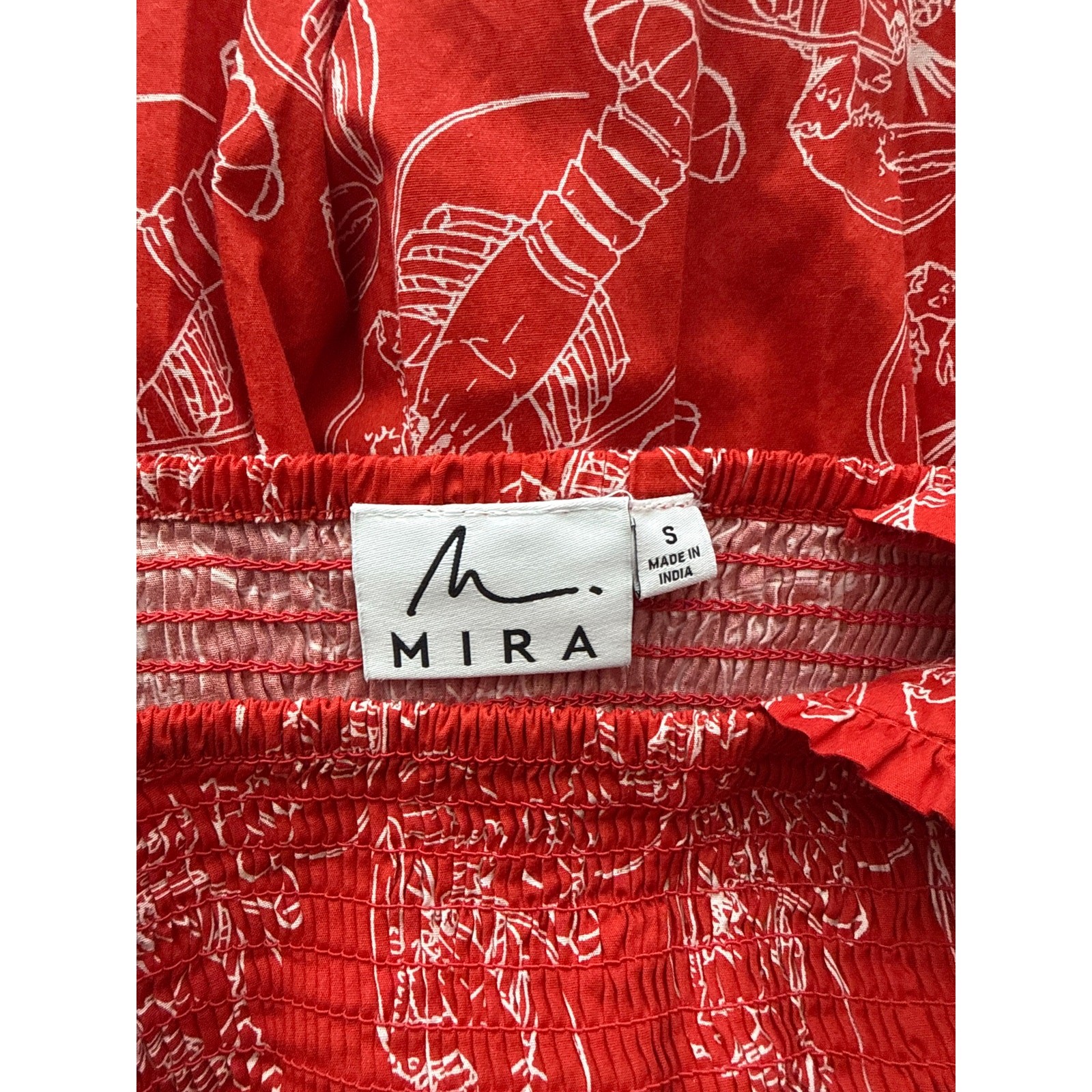 Mira Red & White Lobster Smocked Ruffle Strap Tiered Maxi Dress Size Small