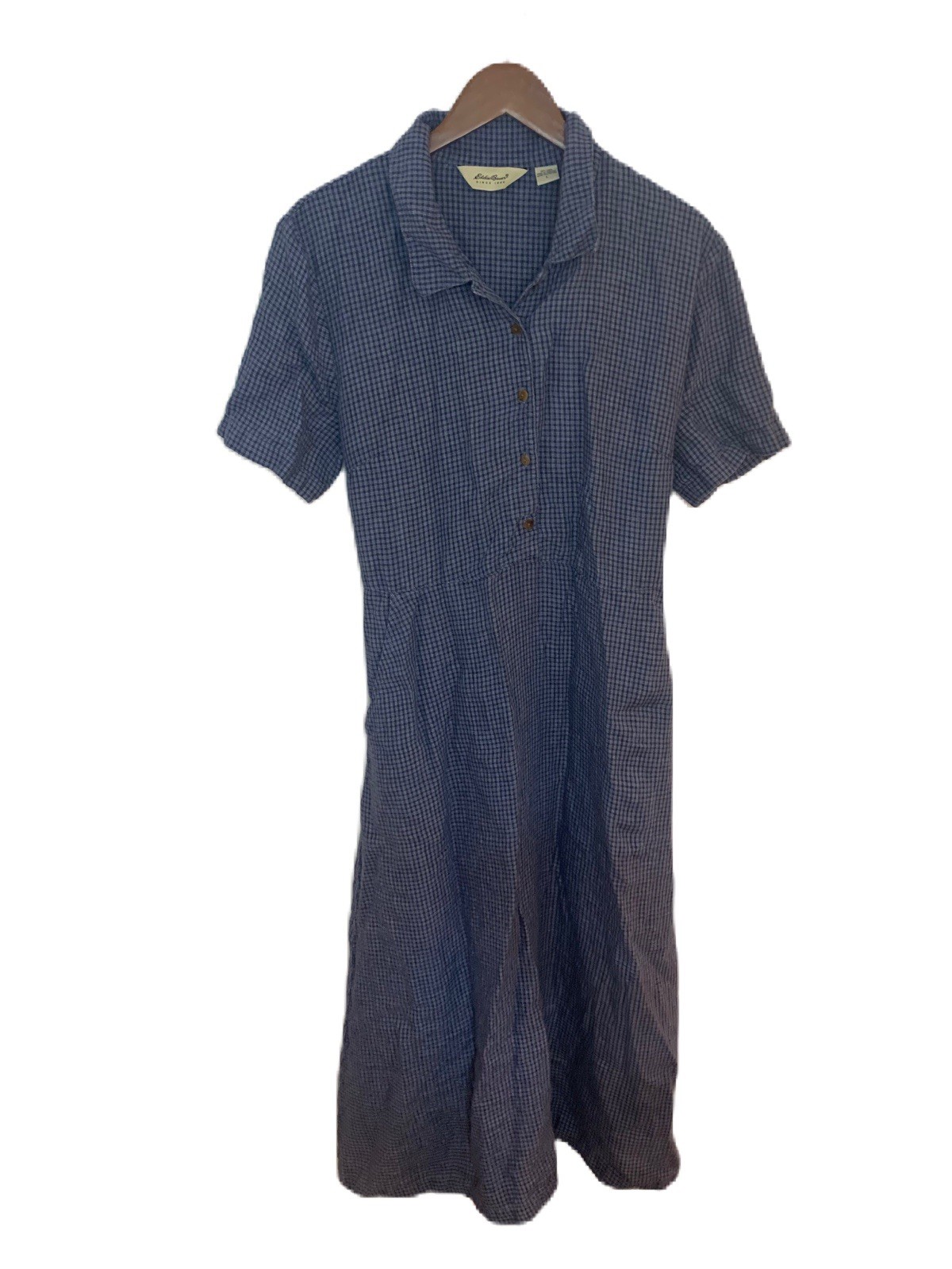 Eddie Bauer 100% Linen Maxi Dress Women’s Large Blue Plaid Half Button Tie Back