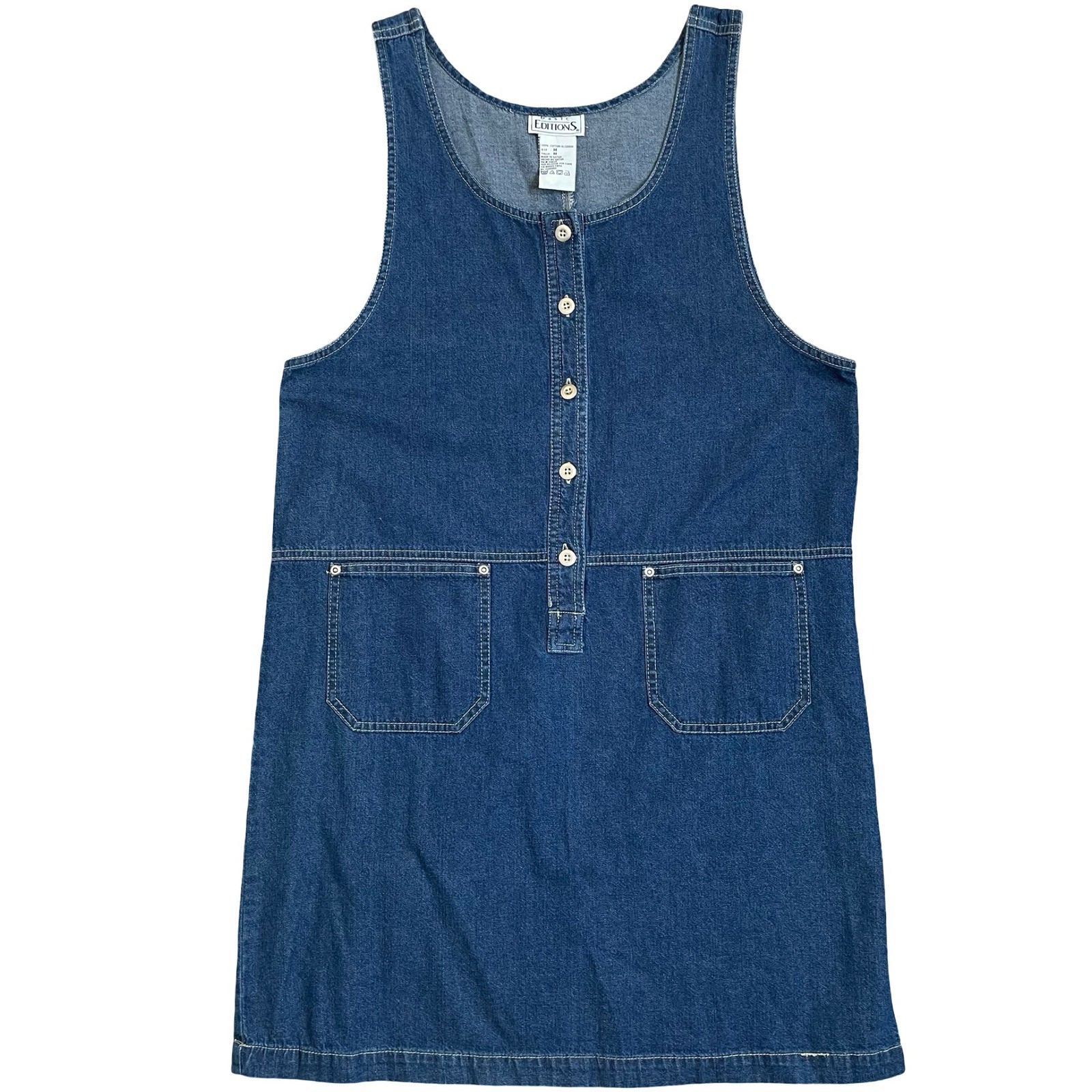 Vintage Basic Edition Denim Pinafore Dress Blue Button Front Patch Pockets M 90s