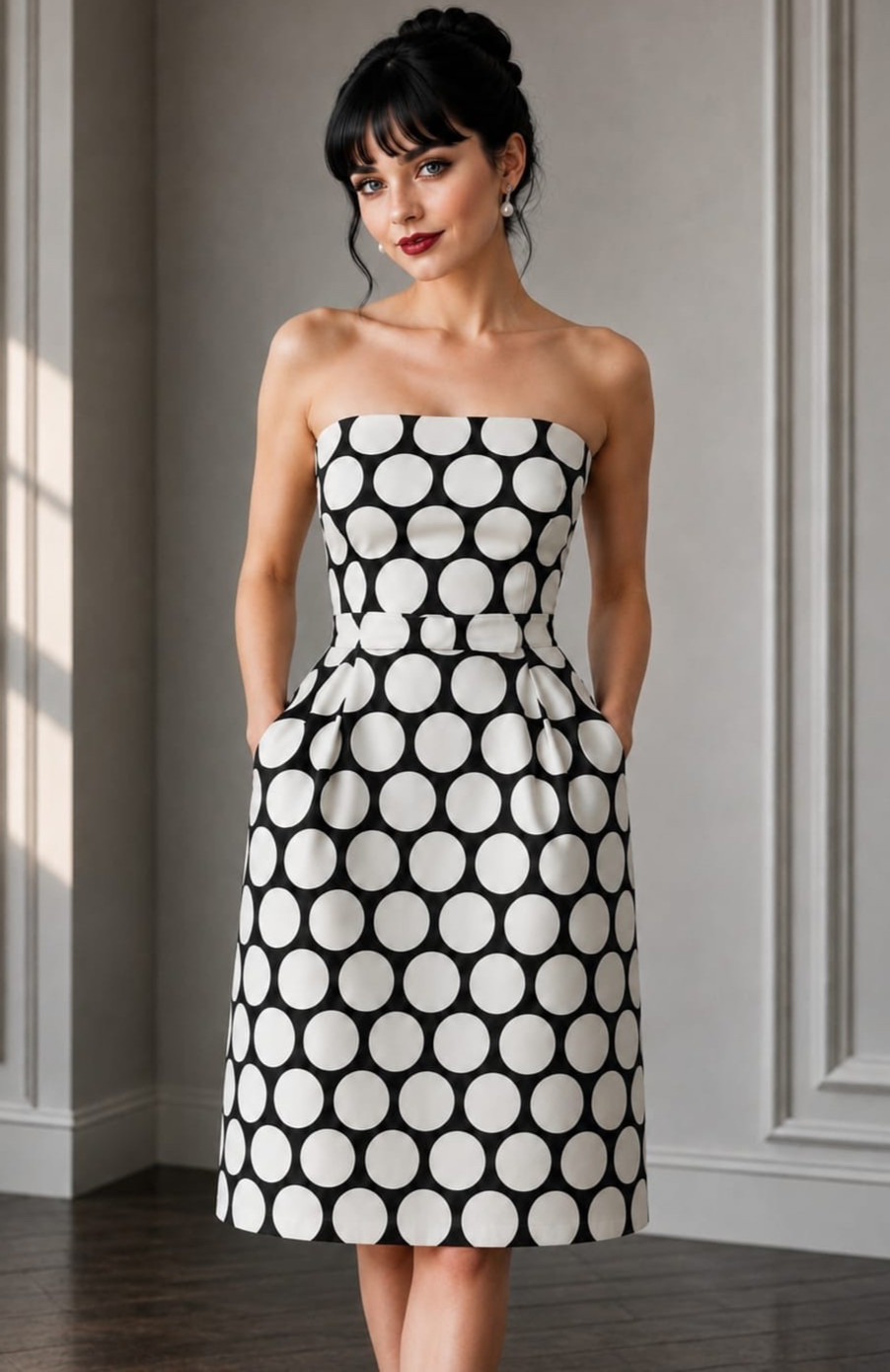 Banana Republic 100% Silk Strapless Sheath Dress Polka Dot Pockets Retro Mod 12