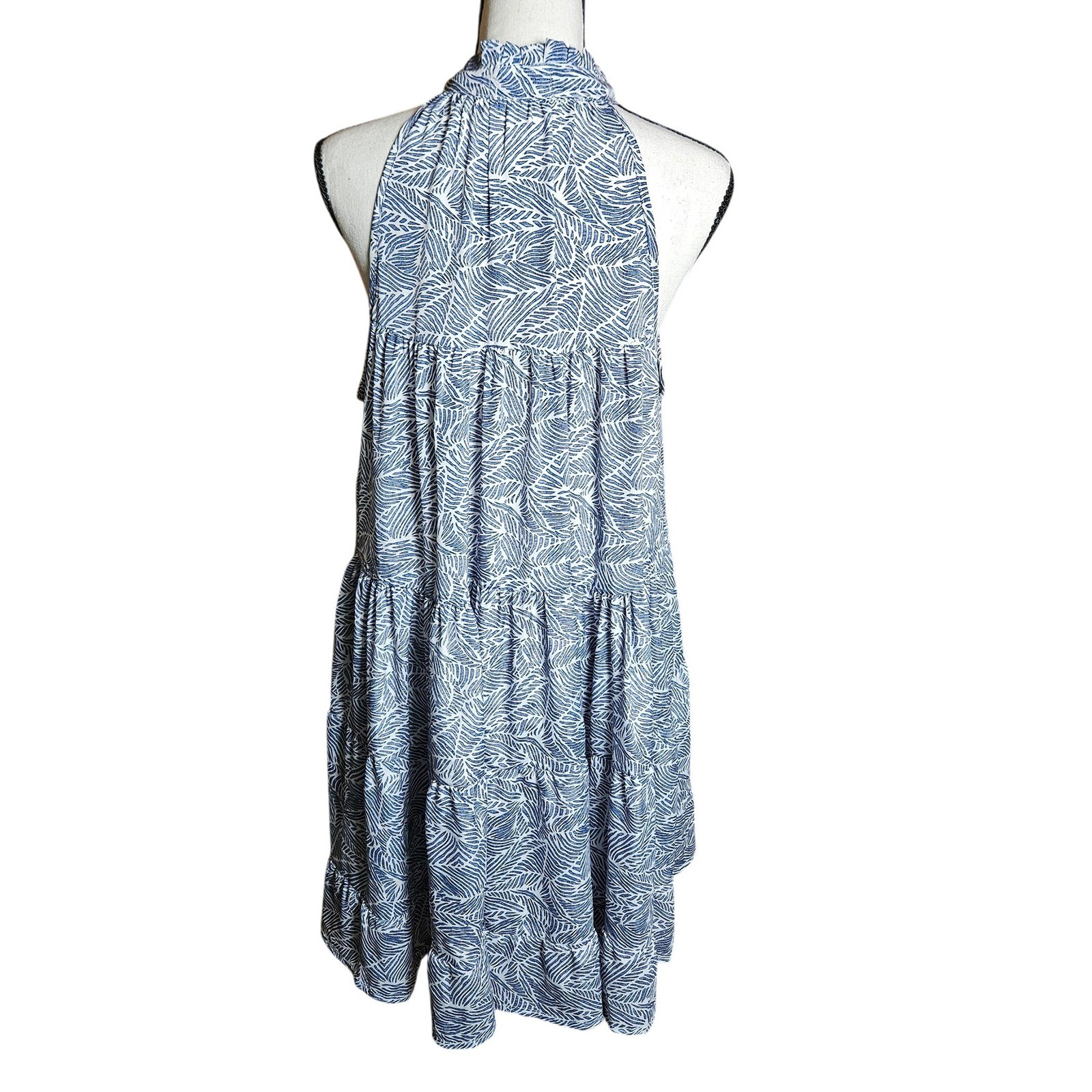 Fab’rik Blue White Tropical Leaf Halter Mini Dress Tassel Tiered Size Medium