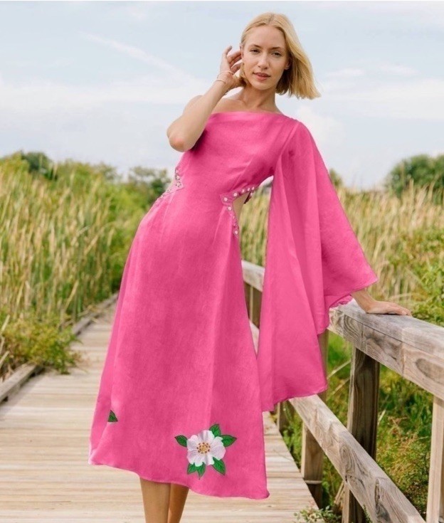 Fanm Mon Amarya One-Shoulder Bell Sleeve Side Cut Out Floral Embroidered Dress