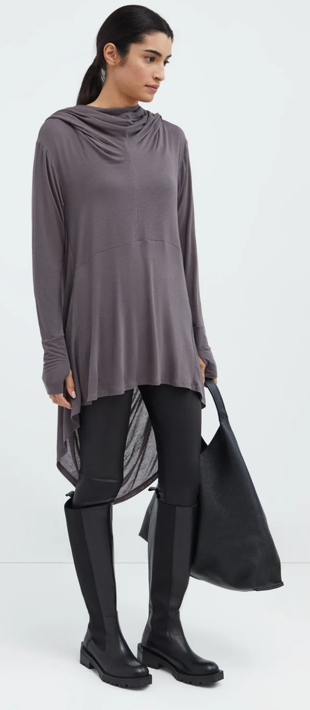 Marcella Oslo Anthracite Gray Taupe Cowl Neck Draped Knit Tunic Hi-Low Dress M