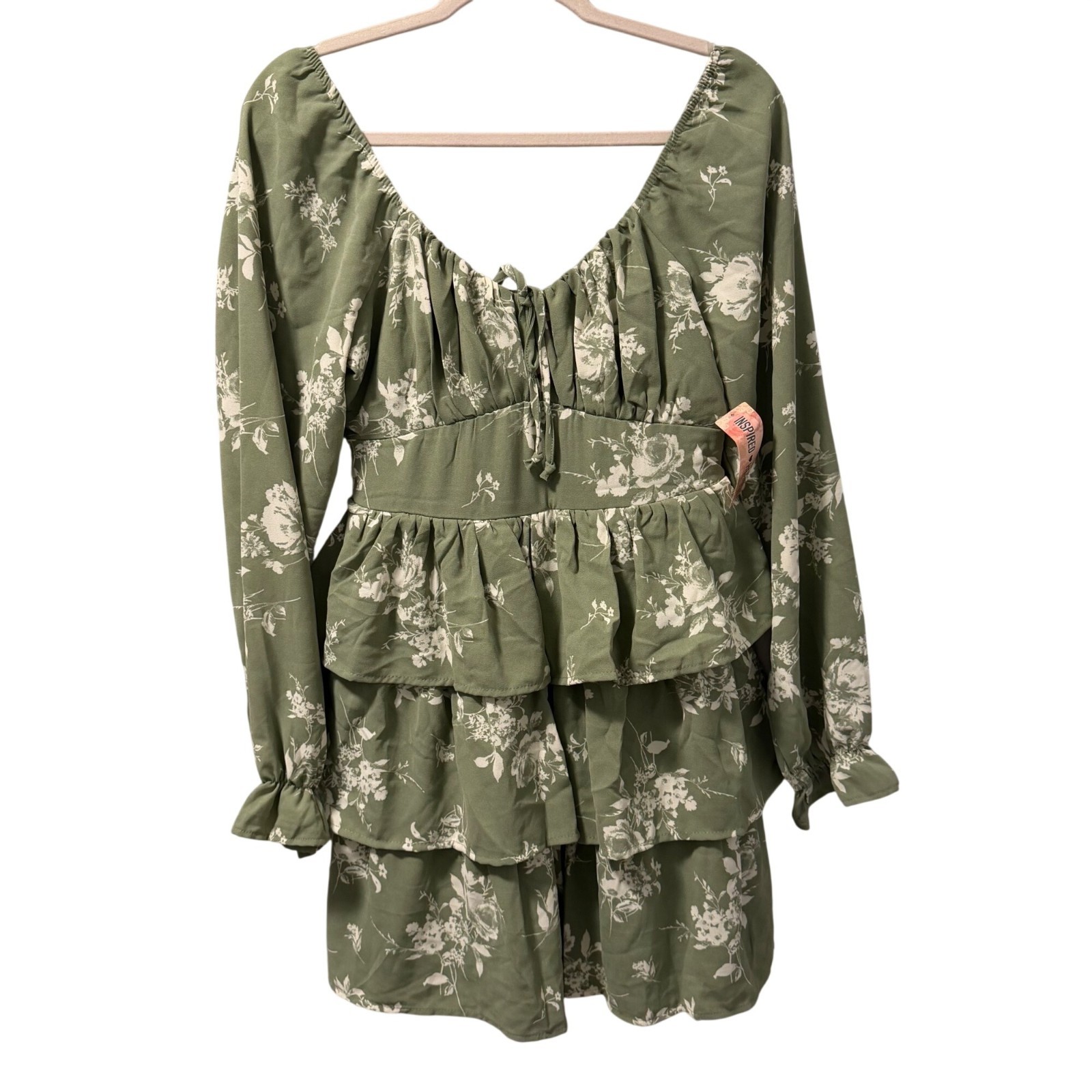 Inspired Hearts Green Floral Tiered Ruffle Long Sleeve Dress Sz Junior L Dress