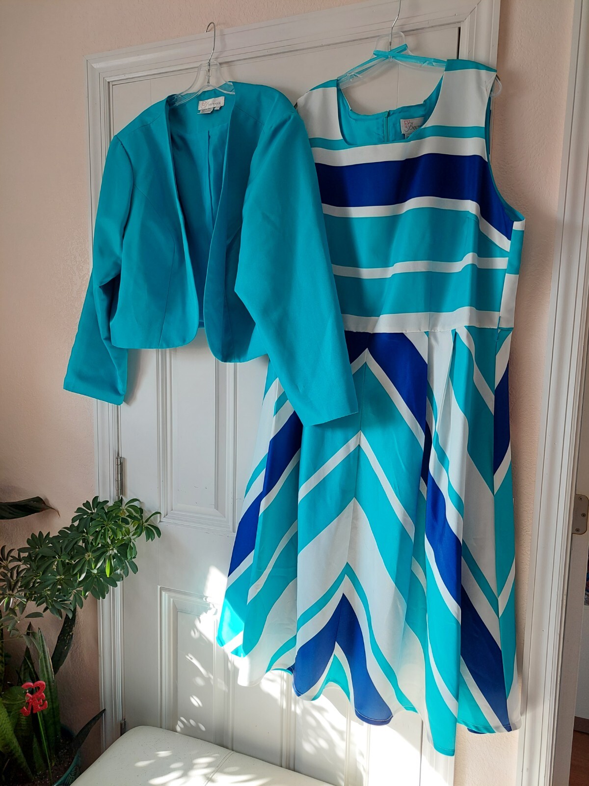 EY BOUTIQUE WomenJacket w/White/Blue Sleeveless Dress 👗 2 Pieces Plus Size 26W