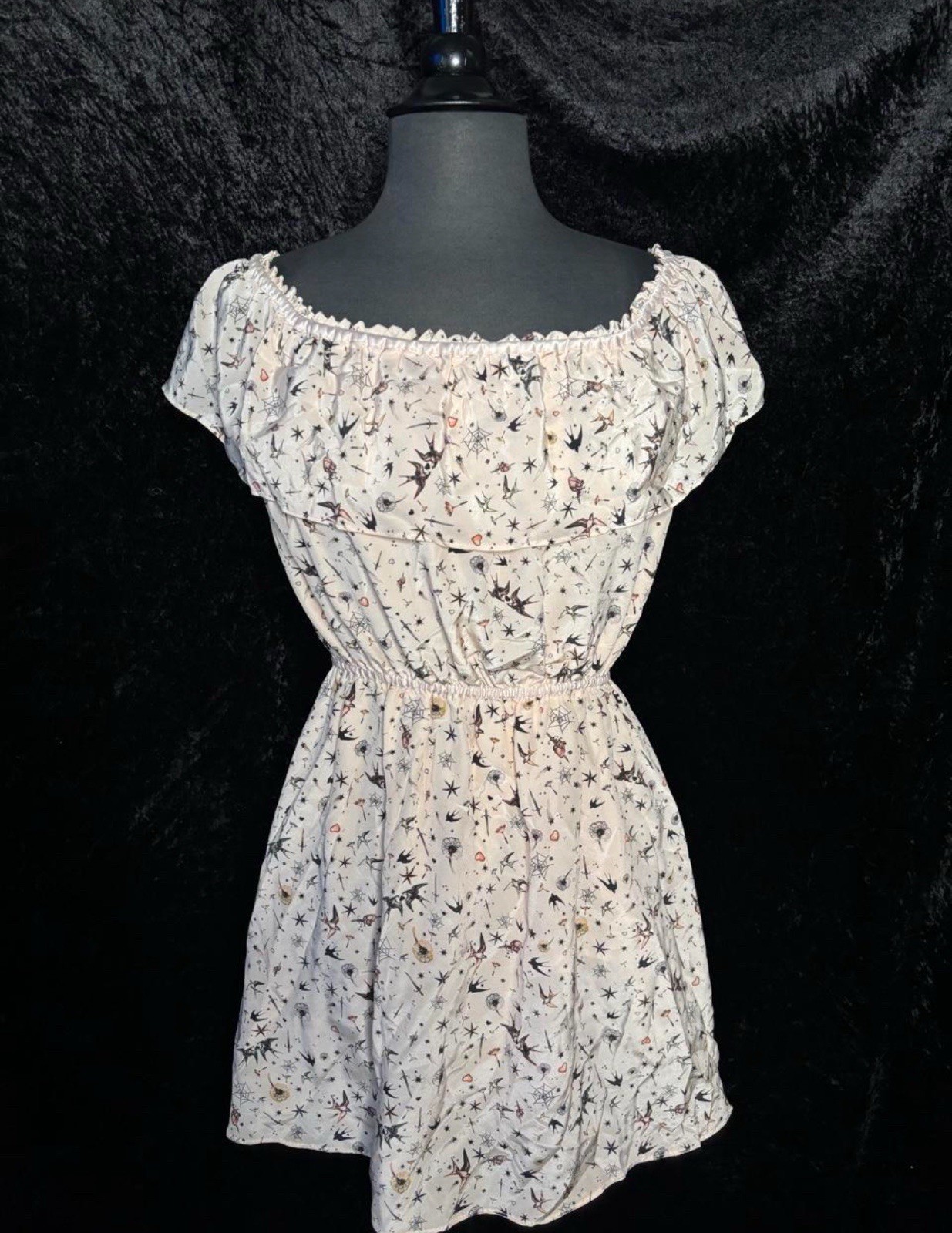 The Kooples Tattoo Print Silk Off Shoulder Ruffle Mini A-Line Dress XS Retro
