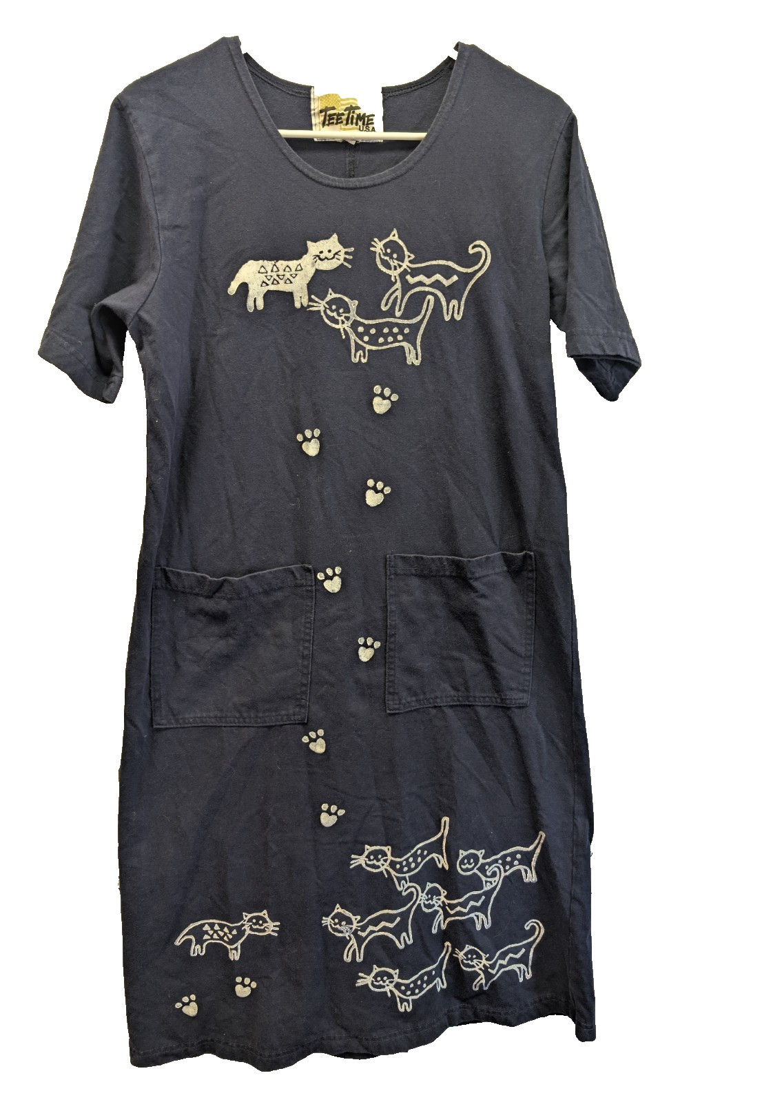 VTG Navy Cat Print TShirt Dress Midi Novelty Artsy 90s Whimsigoth Twee Dopamine