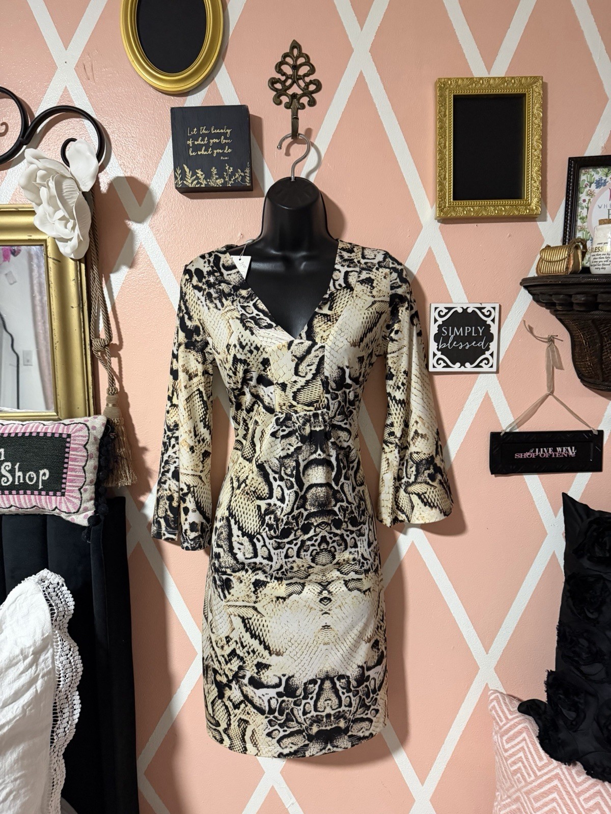 Jean-Pierre Klifa Paris Snake Print 3/4 Sleeve Form Fitting Dress SZ Small