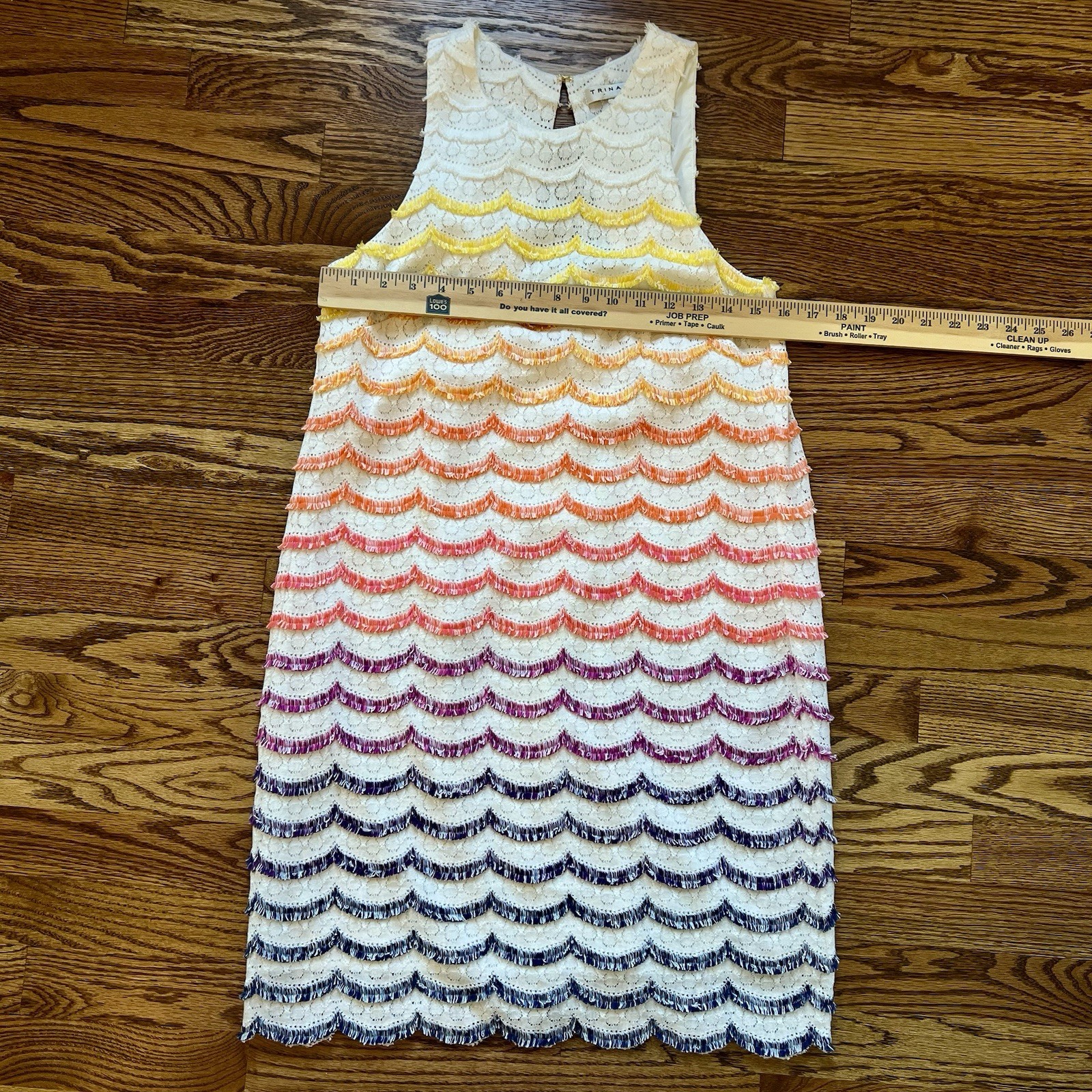 NWOT Trina Turk Rainbow Scallop Fringe Stripes On White Lace Shift Dress Size 4