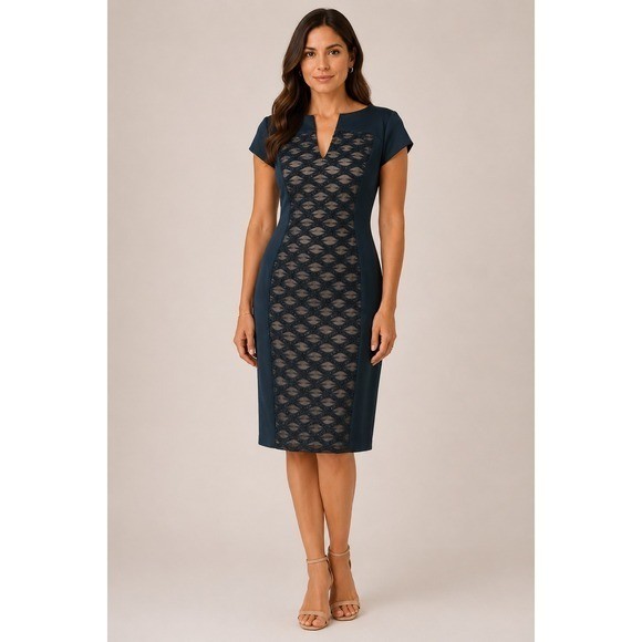 connected apparel Teal Lace-Front Midi Dress