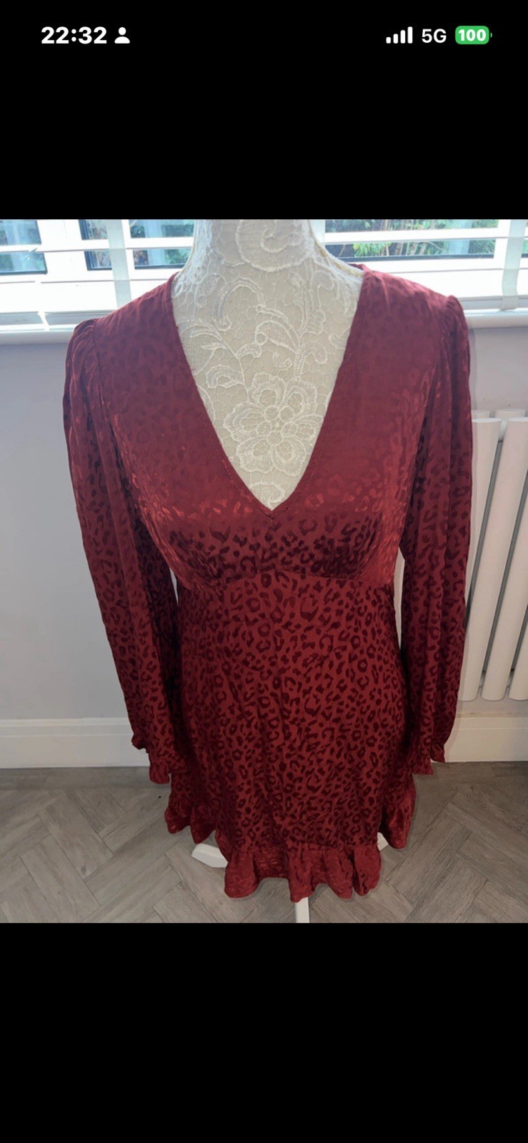 River Island Rust Long Sleeve Silky Mini Dress. Deep V. Size 10 Animal Design