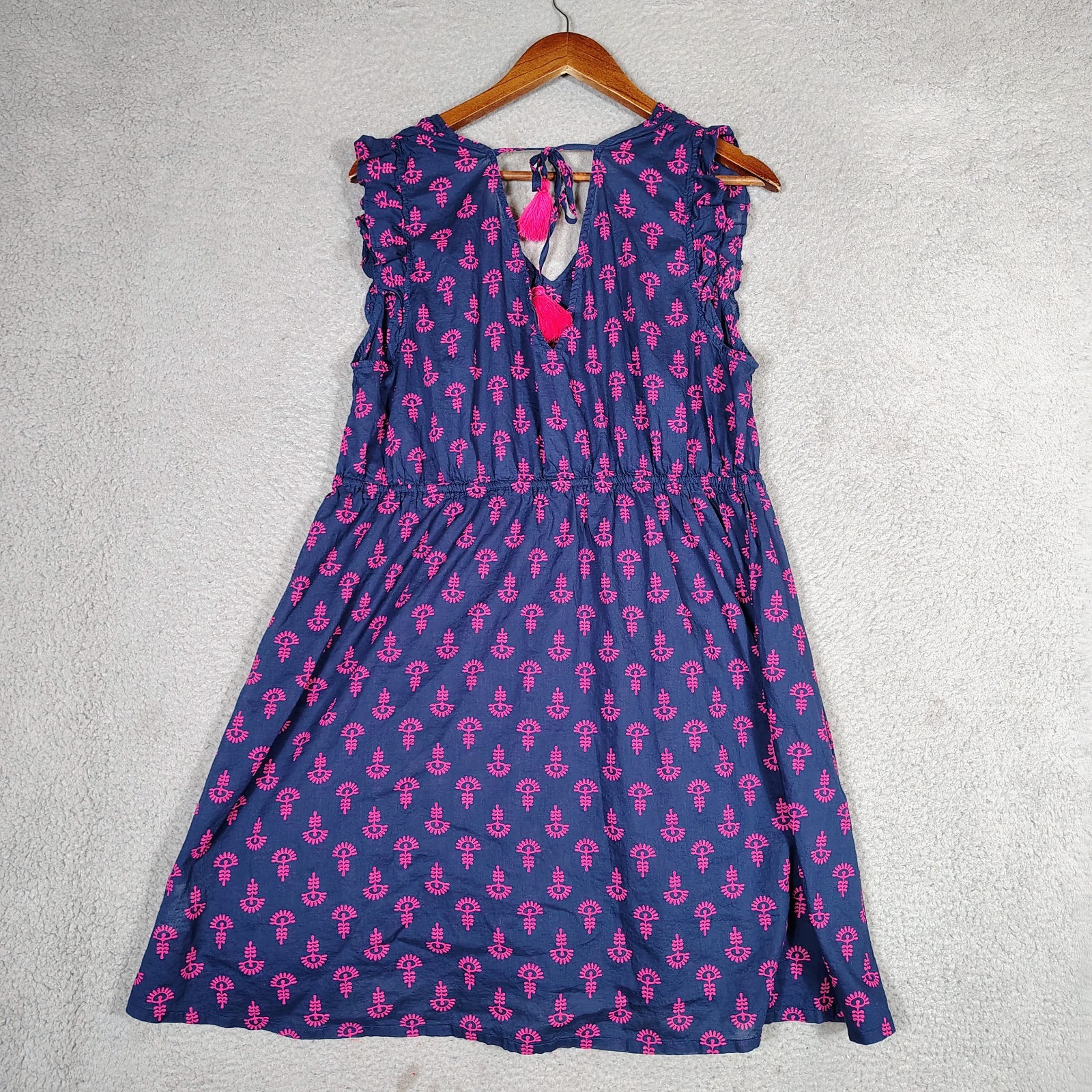 J.Crew Beach Dress Women’s Large Antique Navy Soft Fuchs Tie-Back Flutter Sleeve