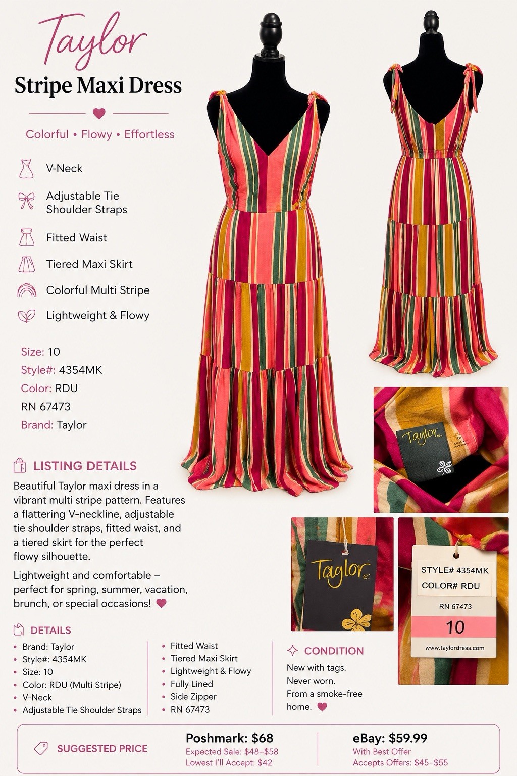 Taylor Colorful Stripe Tiered Maxi Dress NWT Size 10 | Vacation Resort Summer