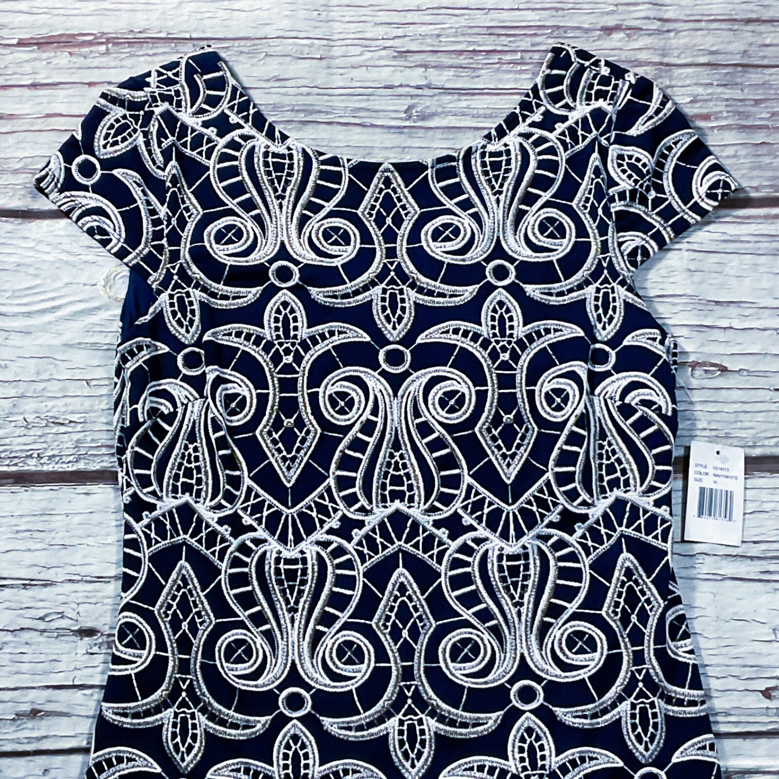 Ronni Nicole Womens Dress size 10 Navy Blue White Sheath Stretch Lined Back Zip
