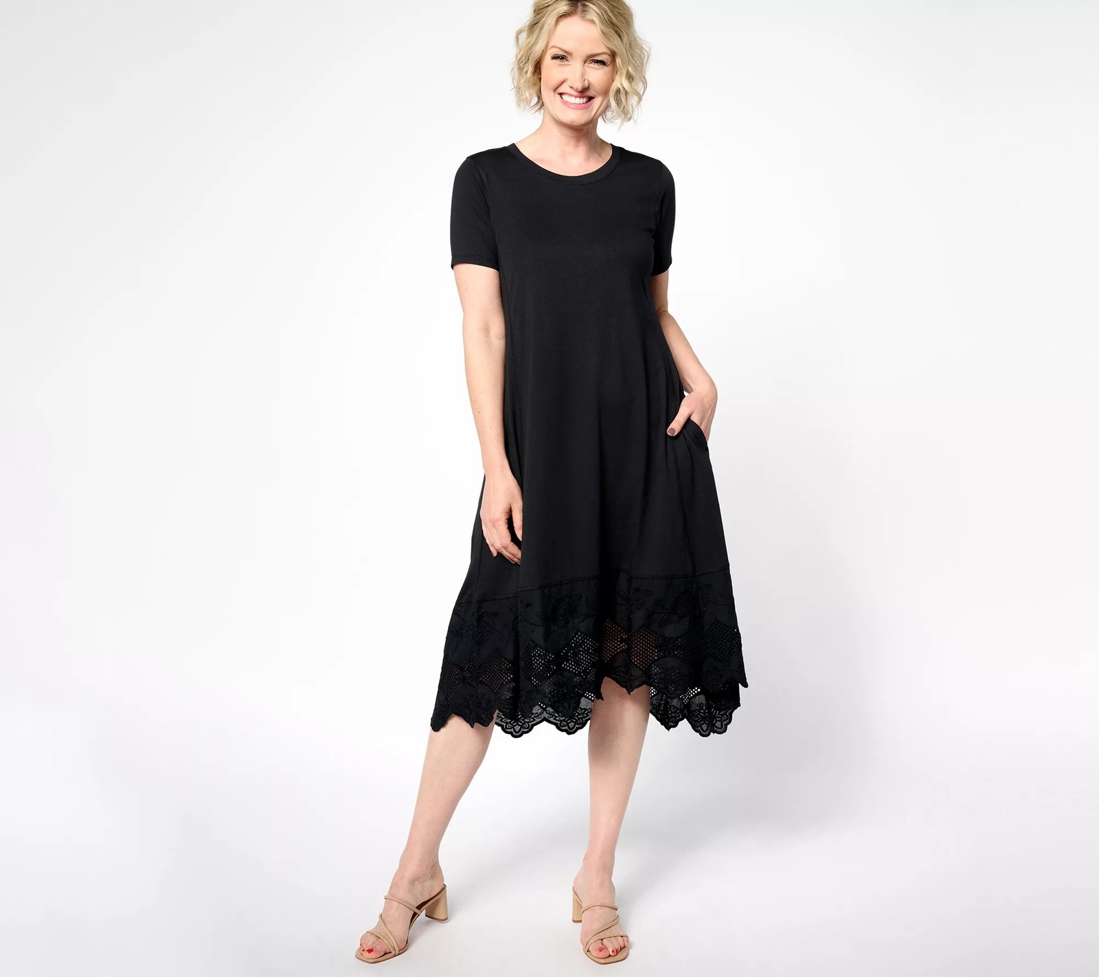LOGO by Lori Goldstein Petite Knit Dress with Lace Hem Black XS New