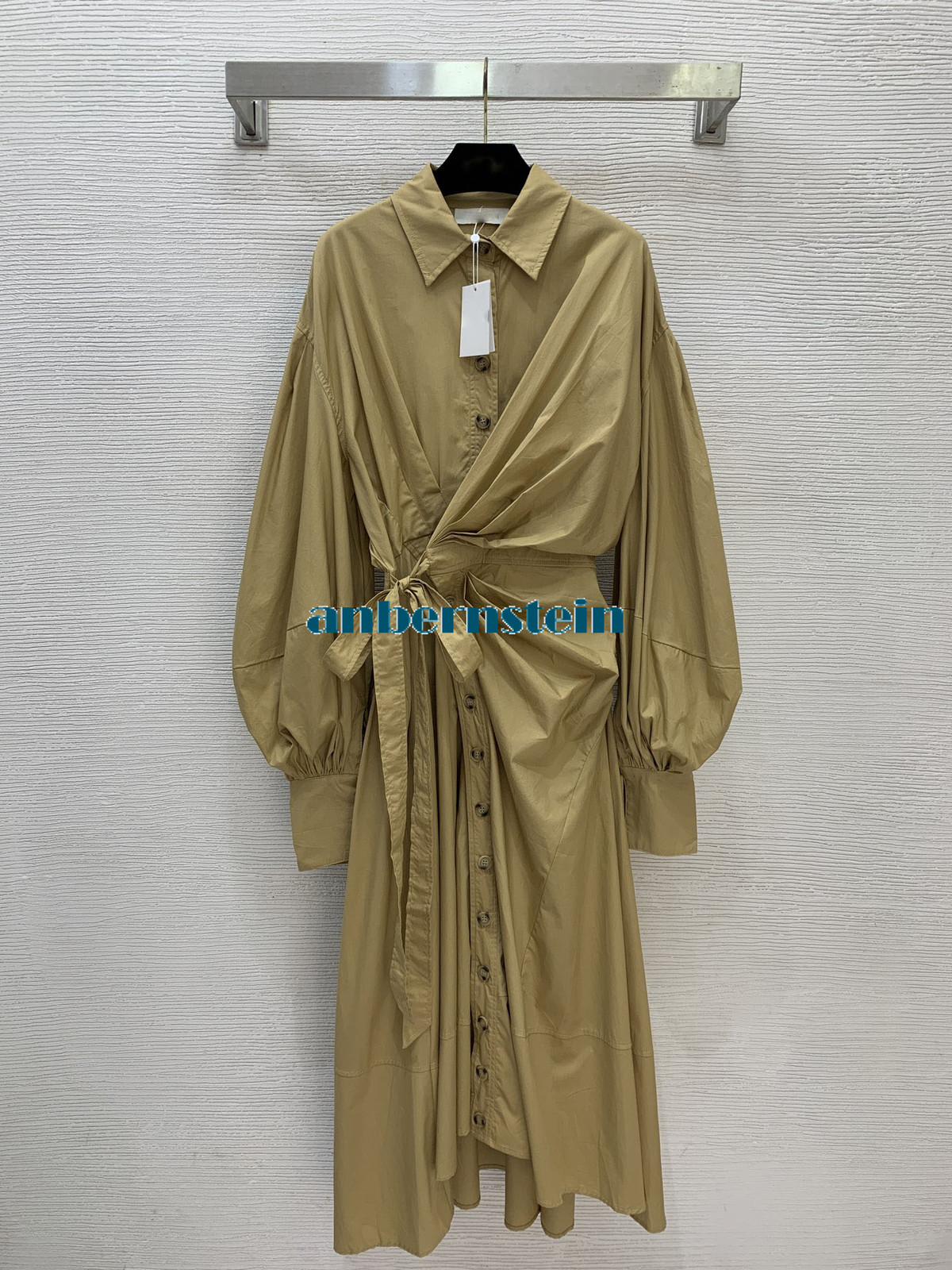 simple pleated personality design strap lapel long dress cotton and linen blende