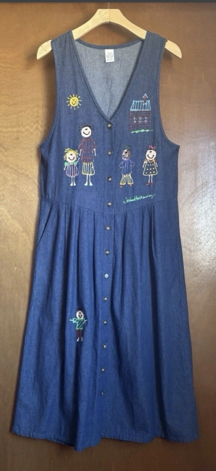 VTG 90s John Halladay Denim Jumper Dress M Teacher Core Schoolhouse Painted NWOT