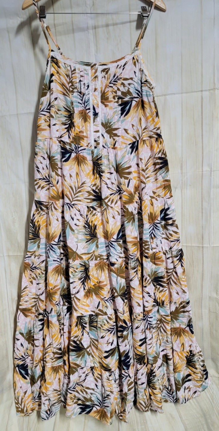 Jessica Simpson Alanis Floral Tiered Maxi Boho Dress Button Front Strappy L