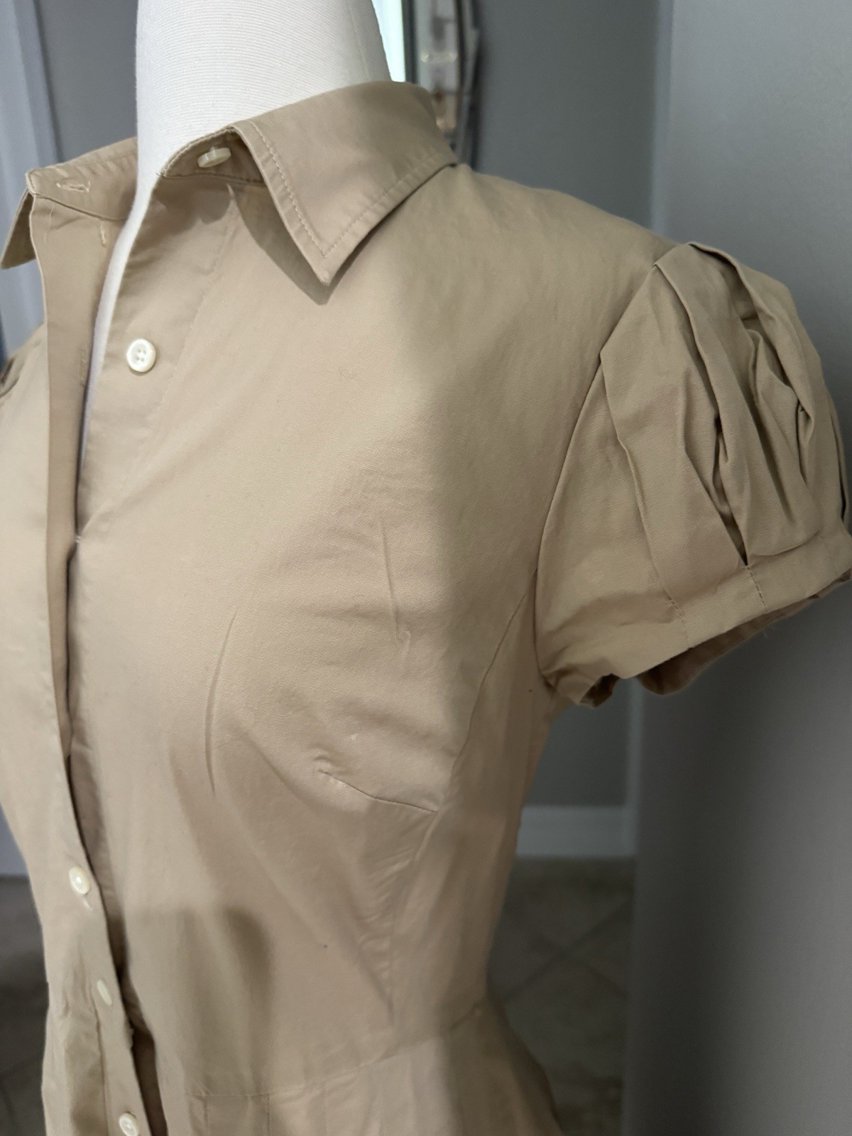 Sz 8 LAUREN Ralph Lauren Khaki Short Babydoll Sleeve Button-Front Swing Dress
