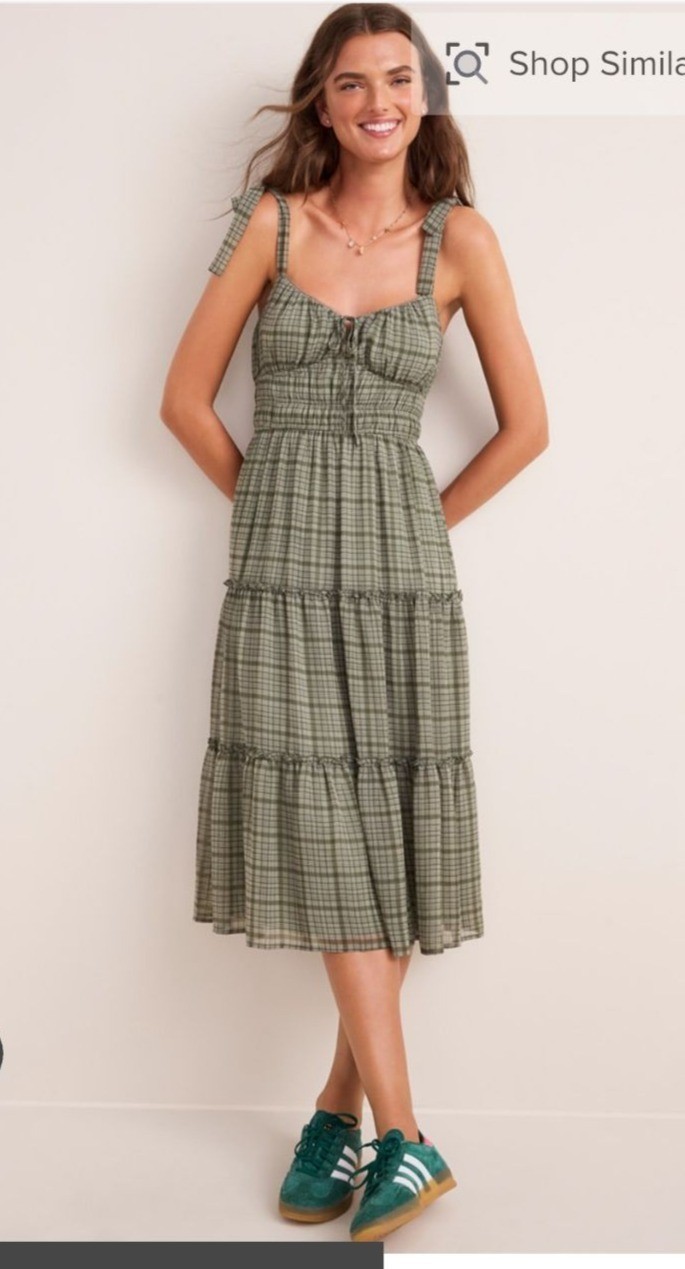 Francesca’s Joy Plaid Tiered Maxi Dress XL Green Tie Straps Milk Maid Boho