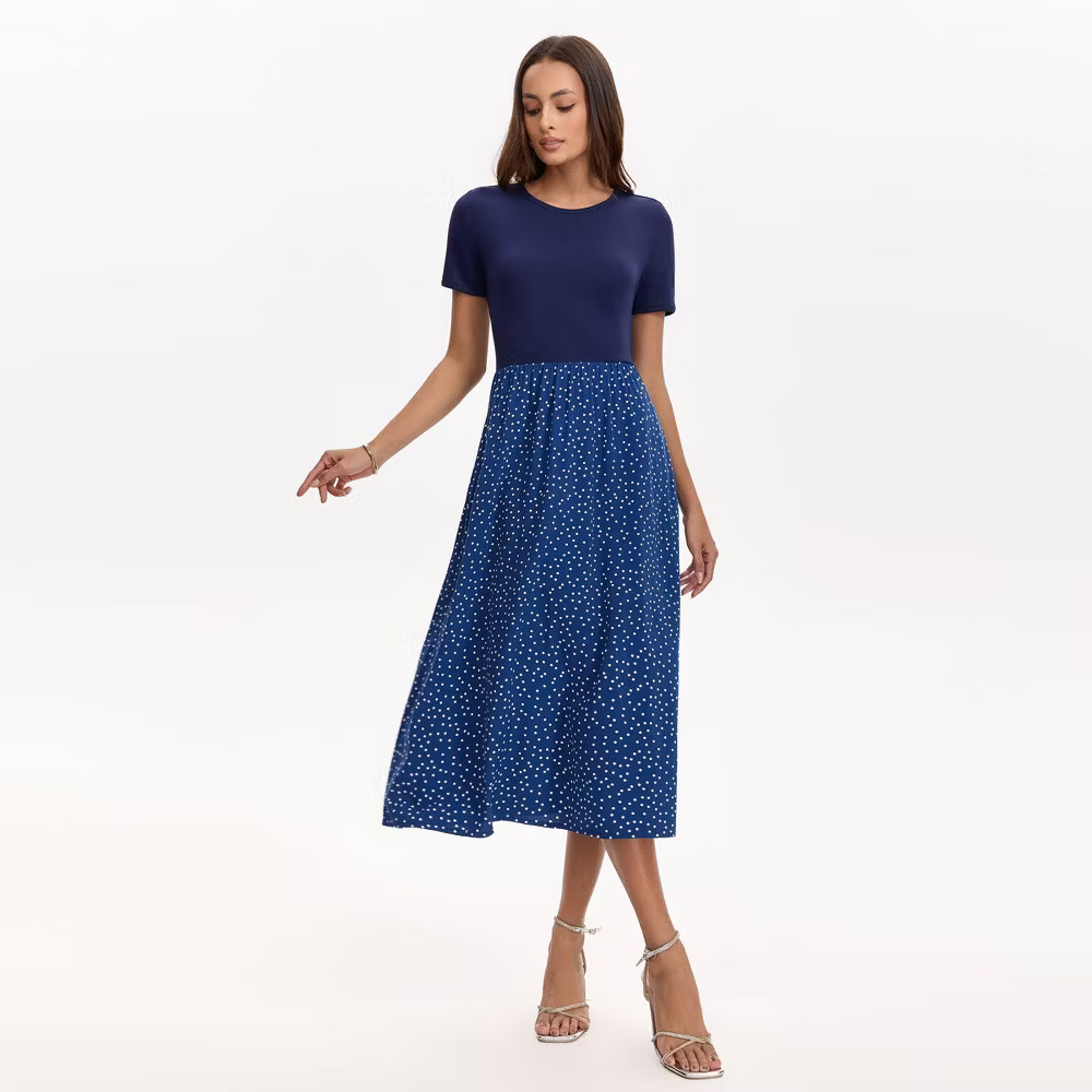 Women Short Sleeve Contrast Midi Dress – A New Day Navy Blue