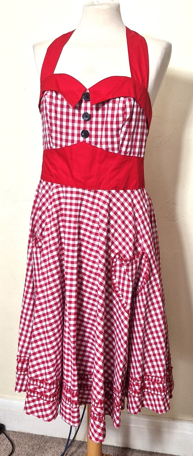 Ladies 1940/50s Style Halter Neck Dress Rockabilly, Red & White check