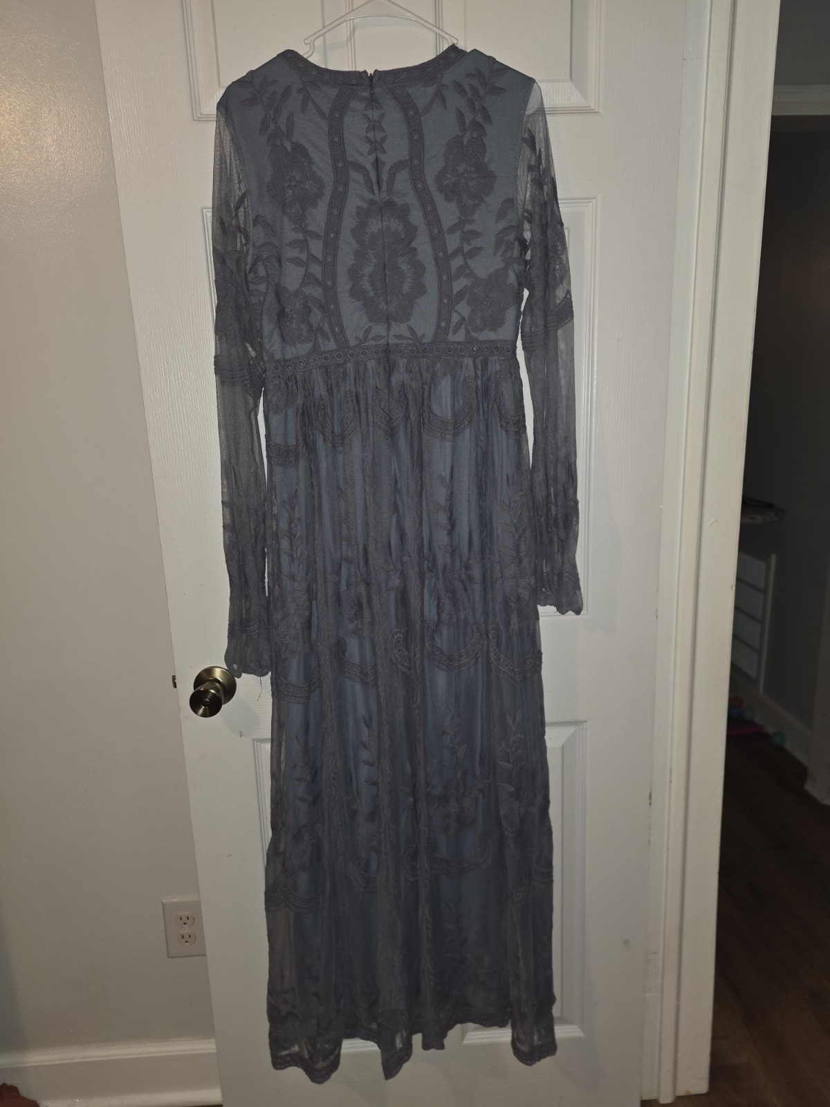 PinkBlush Blue Grey Lace Mesh Overlay Long Sleeve Maxi Dress Size Medium