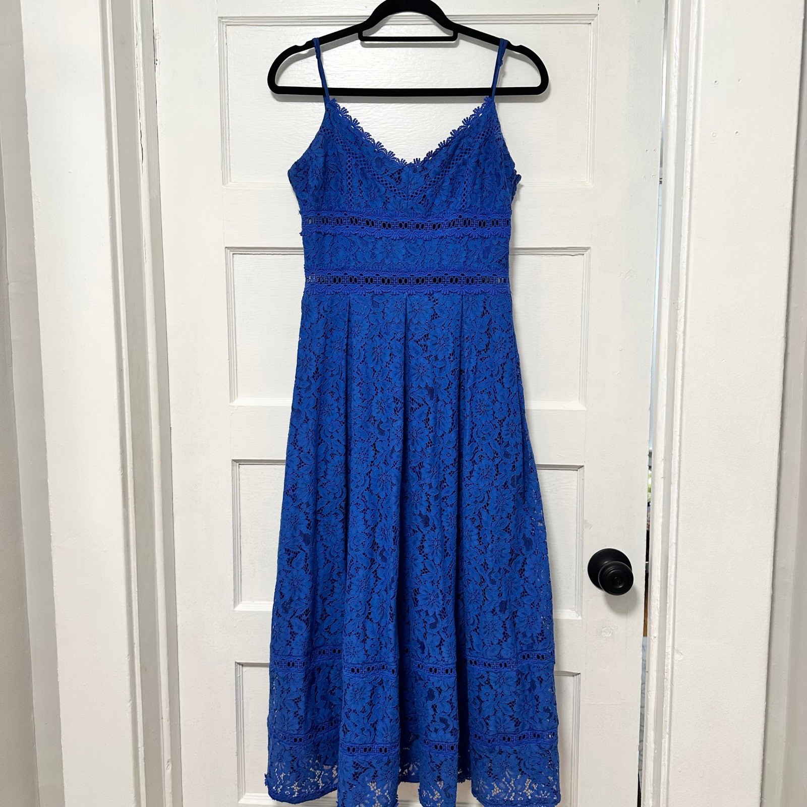 NSR Royal Blue Floral Lace Midi Dress Womens Medium Wedding Guest Romantic
