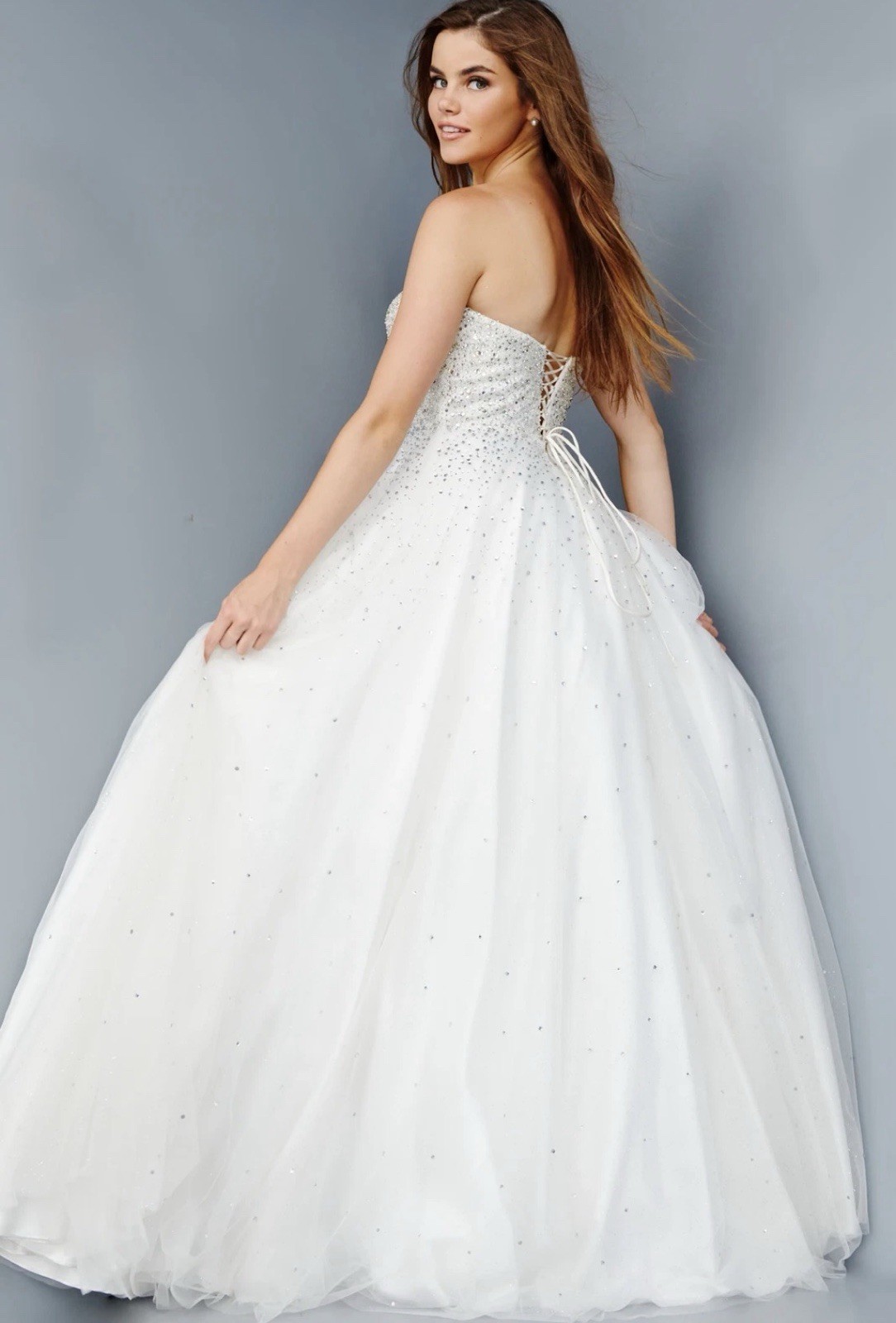 Jovani Strapless White Beaded Crystal Ball Bridal Gown Corset Dress Size 10