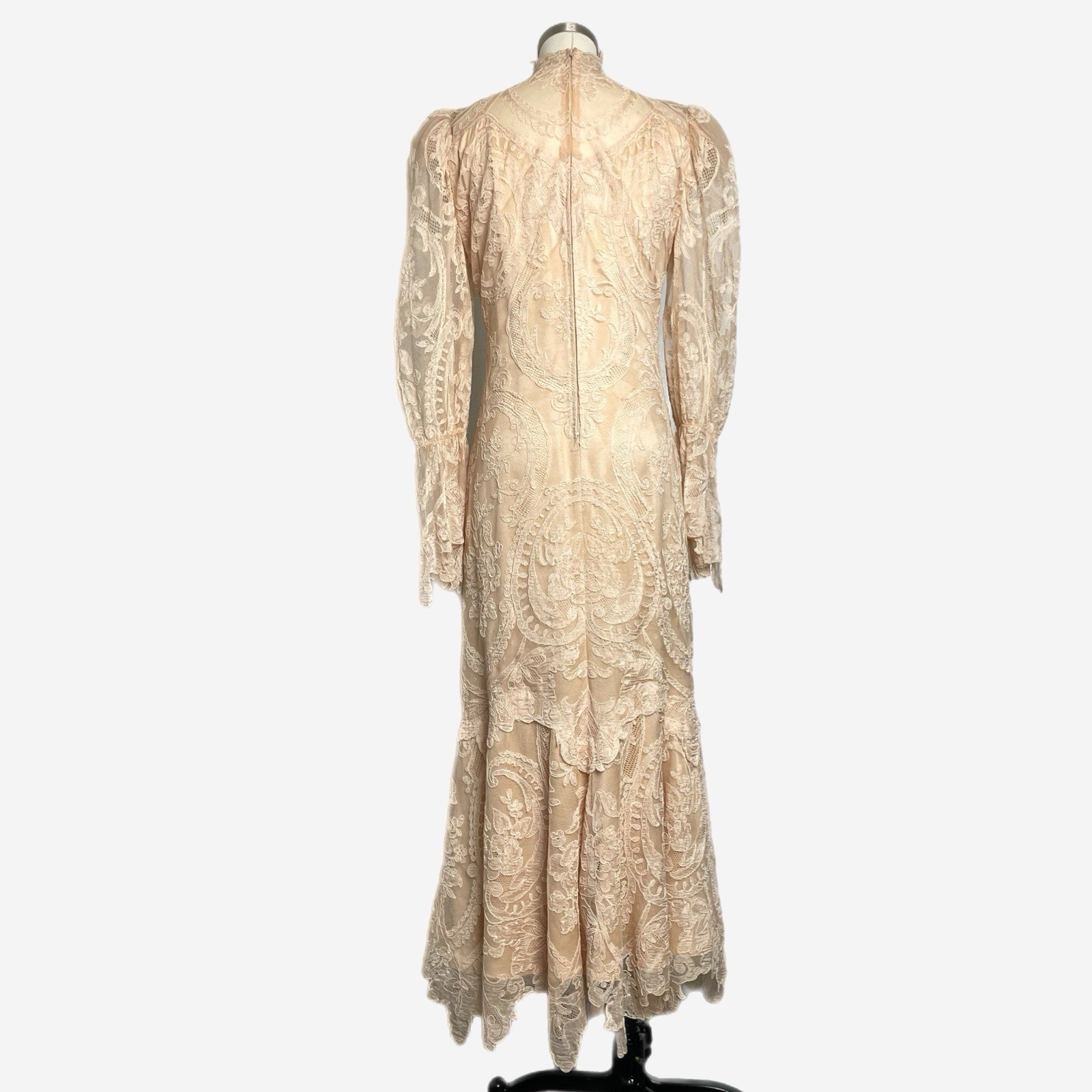 Vintage 80s Becky Bisoulis nude Edwardian Victorian lace wedding gown XS/S