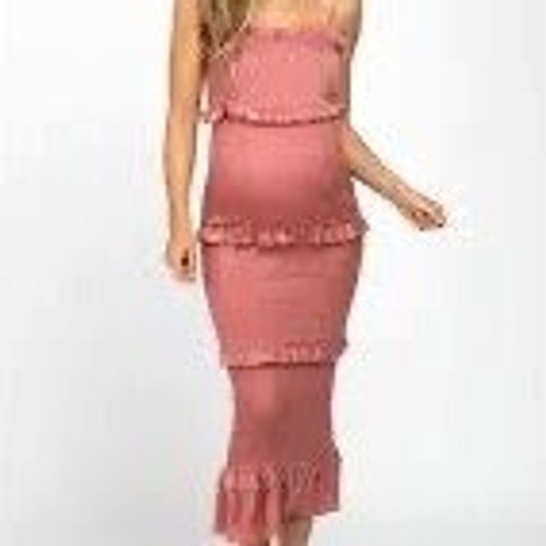 Mable Pink Smocked Tiered Ruffle Midi Dress Stretchy Bodycon Small Boho Summer