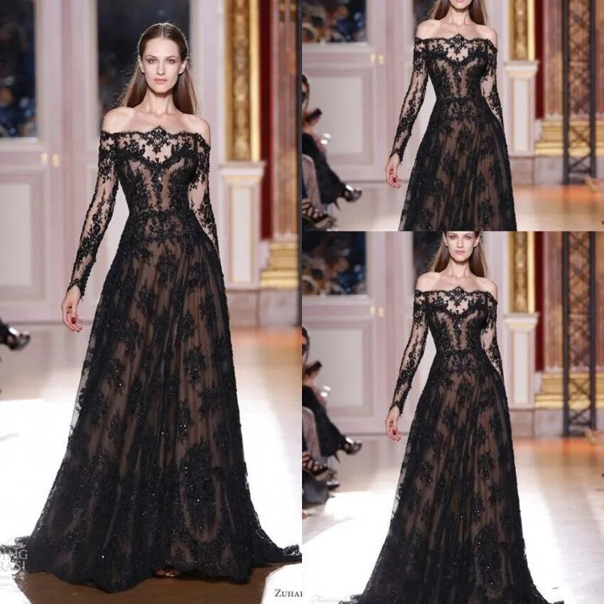 New Evening Gowns Long Sleeves A-line Sheer Black Lace Applique Sweep Prom Dress