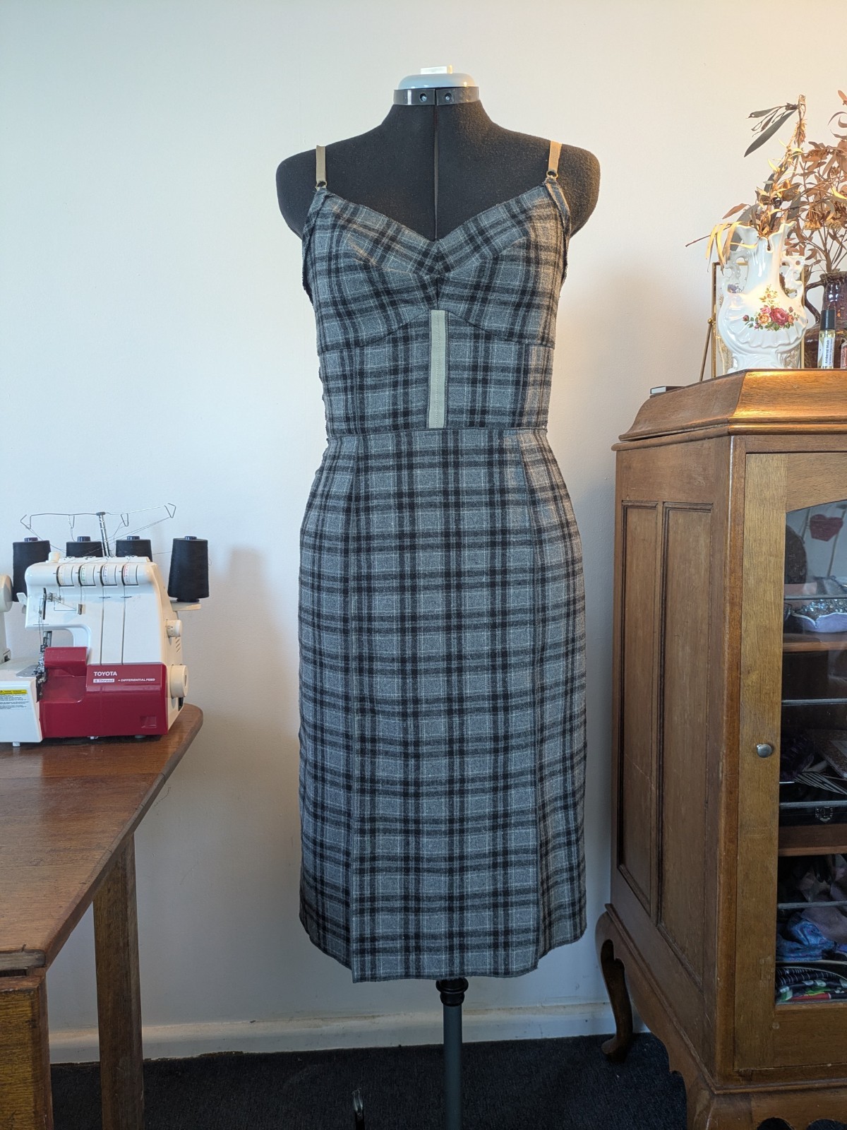 Plaid Adjustable Straps Wool Blend Dress