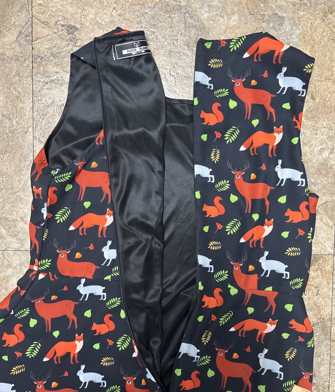 Paper Plane London Whimsical Animal Print Dress L Black / Foxes/Rabbits/Leaves