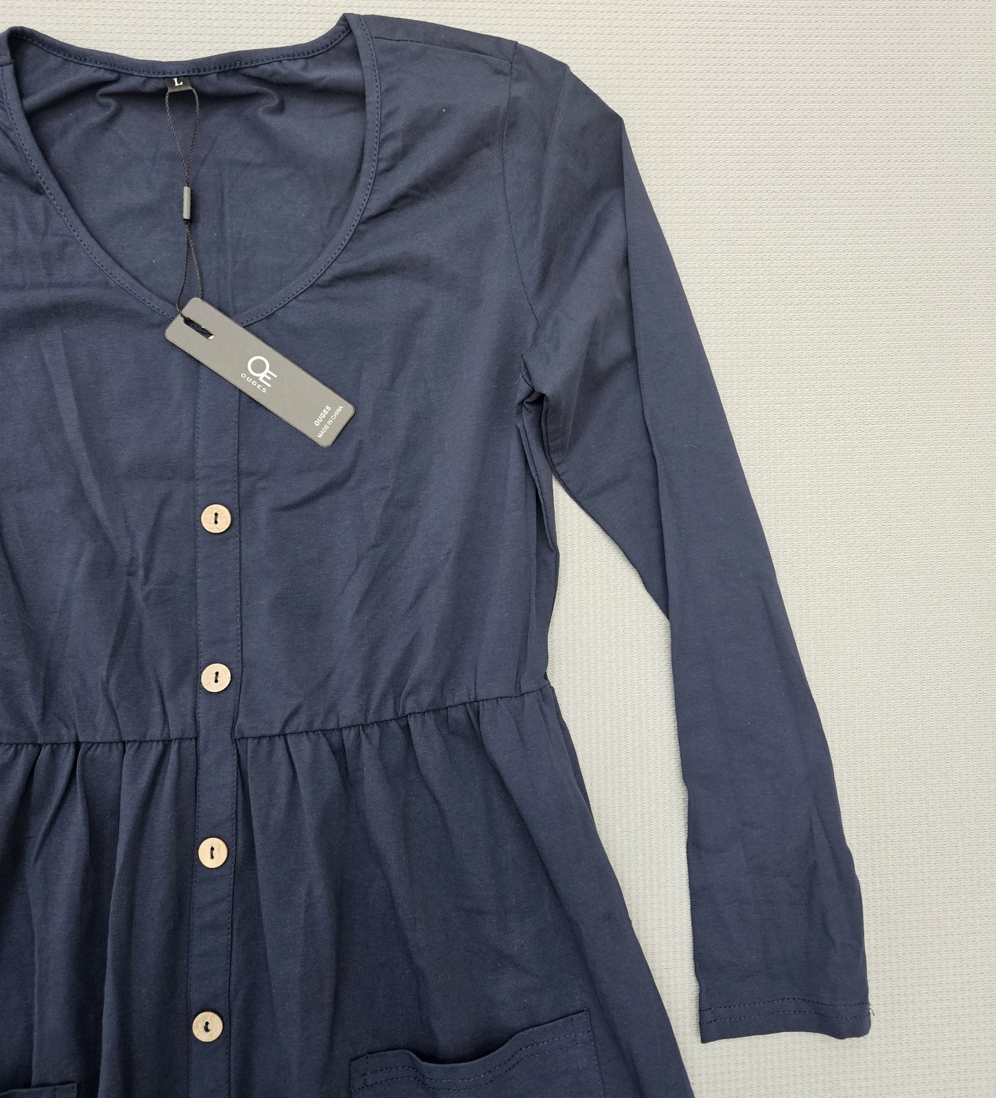Ouges Womens Button Down Skater Dress Large Navy Pockets Cotton Stretch 0029