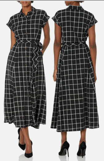 EUC CALVIN KLEIN Gauze Windowpane Midi Shirtdress Belted Short Sleeve Sz 8 Black