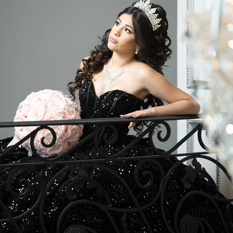 Strapless Black Sequin Ball Gown Quinceanera Sweet 16 Sparkly Evening Dresses