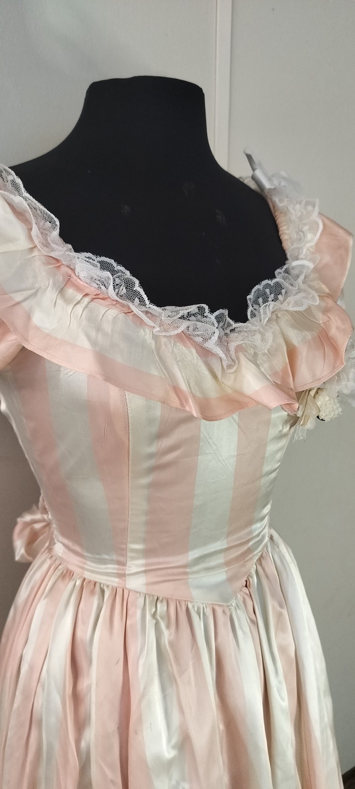 Pink White Striped Satin Acetate Maxi Dress Lace Ruffle Bow Zip 7/8