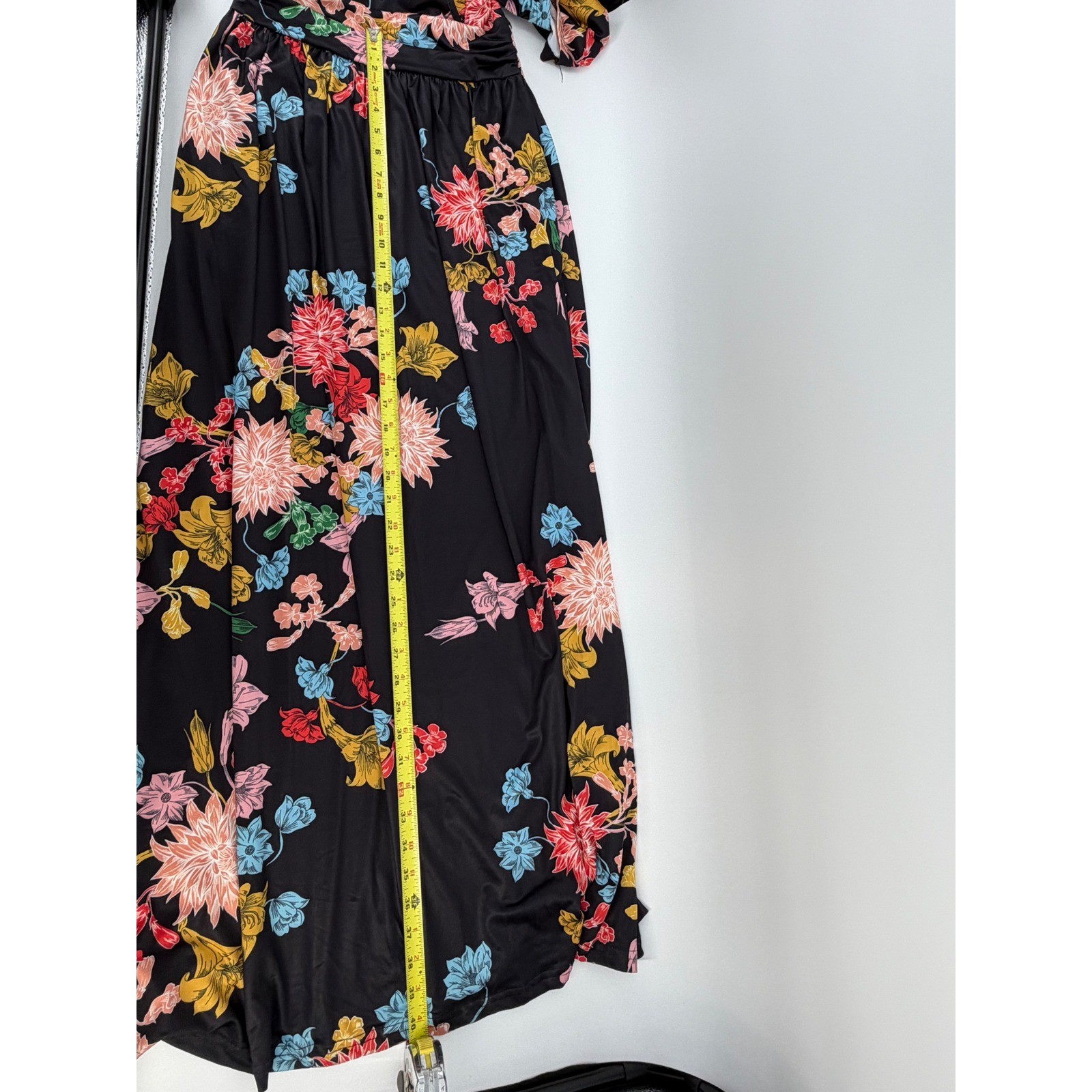 OUGES Women’s Small Black Floral Maxi Dress Faux Wrap Short Sleeve Pockets