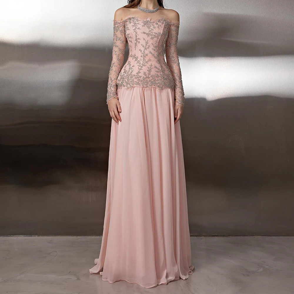 Off Shoulder Long Sleeve Illusion Beaded Pink Chiffon A Line Formal Evening Gown