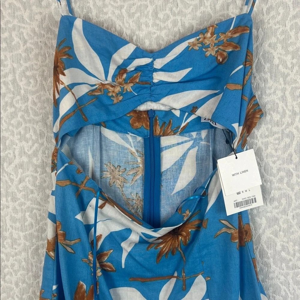 Zara Womens Linen Blend Midi Dress XS Blue Resort Tropical Cut Out Slit