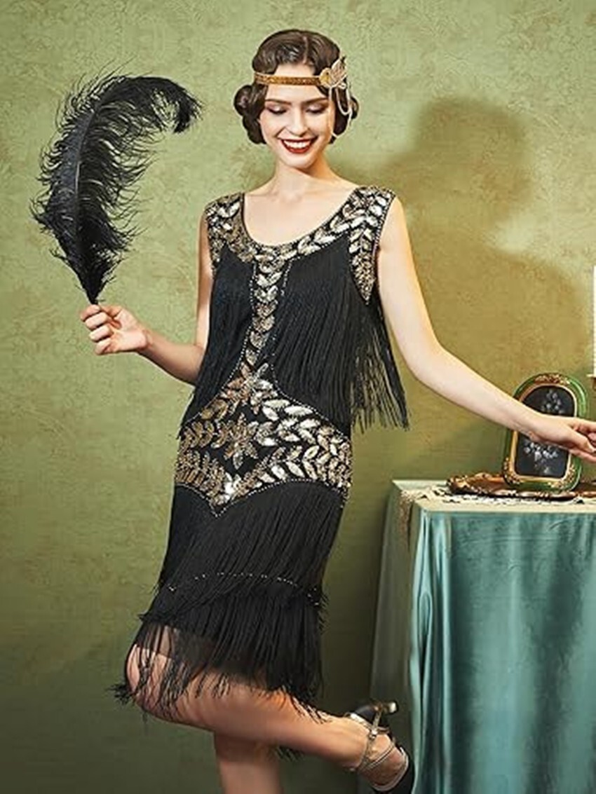 X-Q2-5 Deluxe Ladies 1920s Roaring 20s Flapper Gatsby Costume Sequins Black/Gold