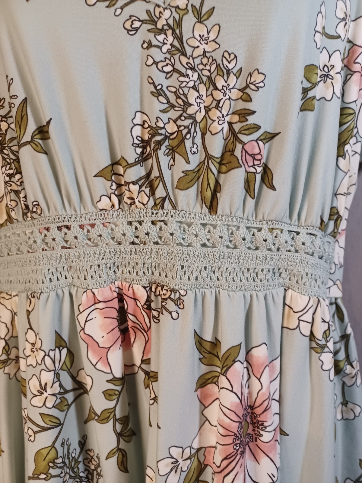 No Boundaries Women’s Green Floral Babydoll Dress XL Crochet Waist Stretch