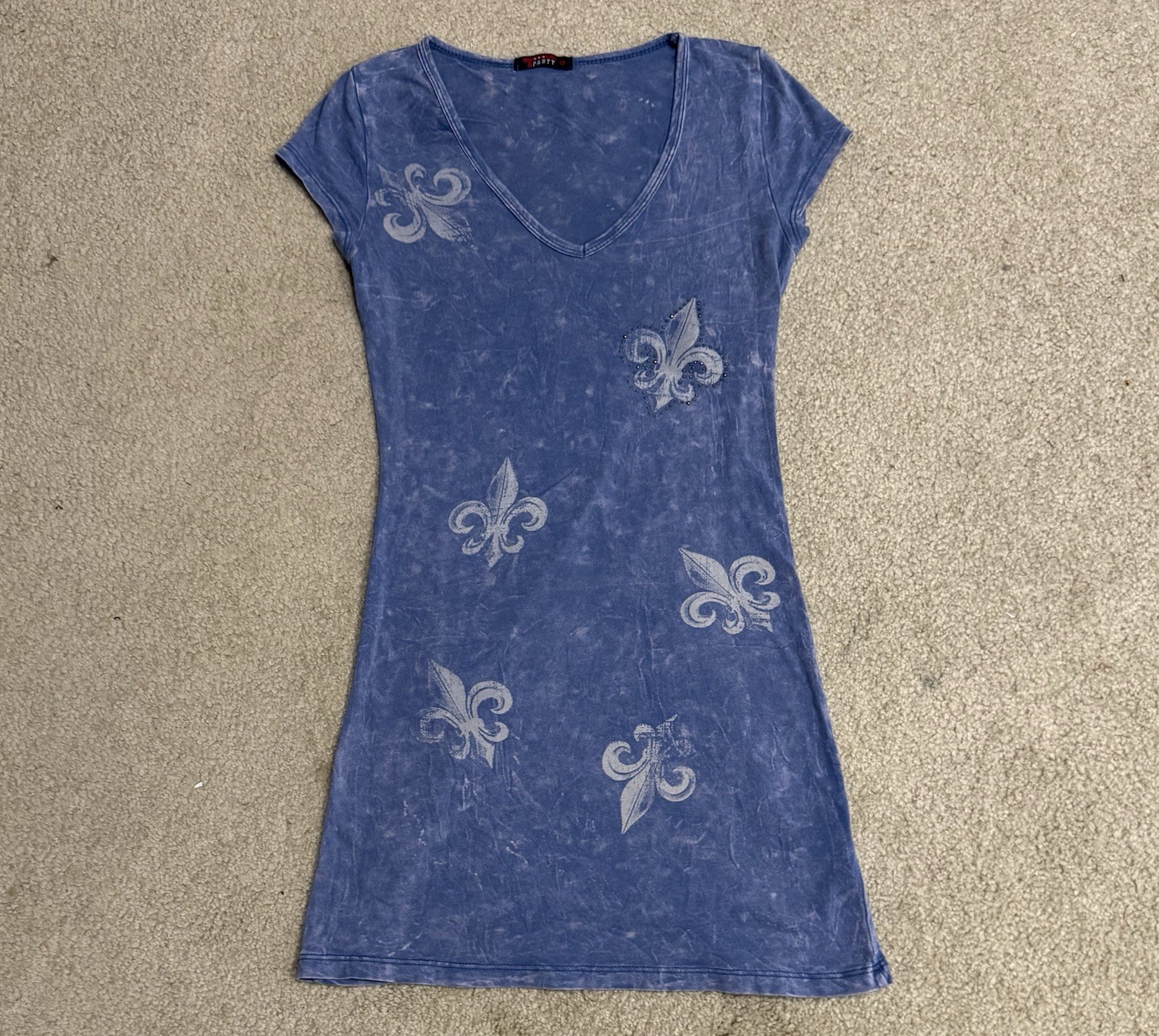 T Party Fleur De Lis Mini Dress Acid Wash Blue Grunge Gothic Rocker Tattoo Y2K S