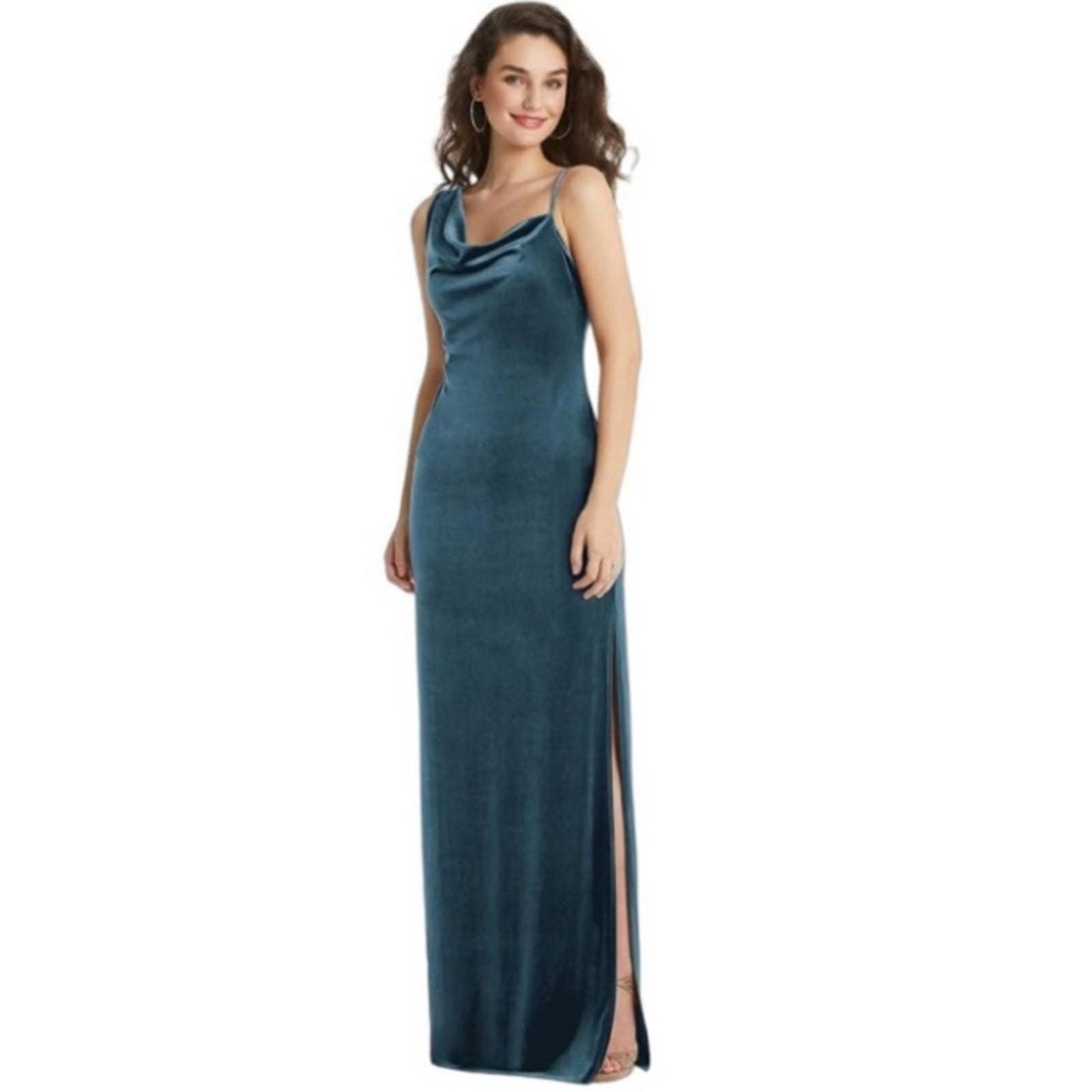 NWT Dessy Social Bridesmaids Lux Velvet Slip Maxi Dress Dutch Blue L