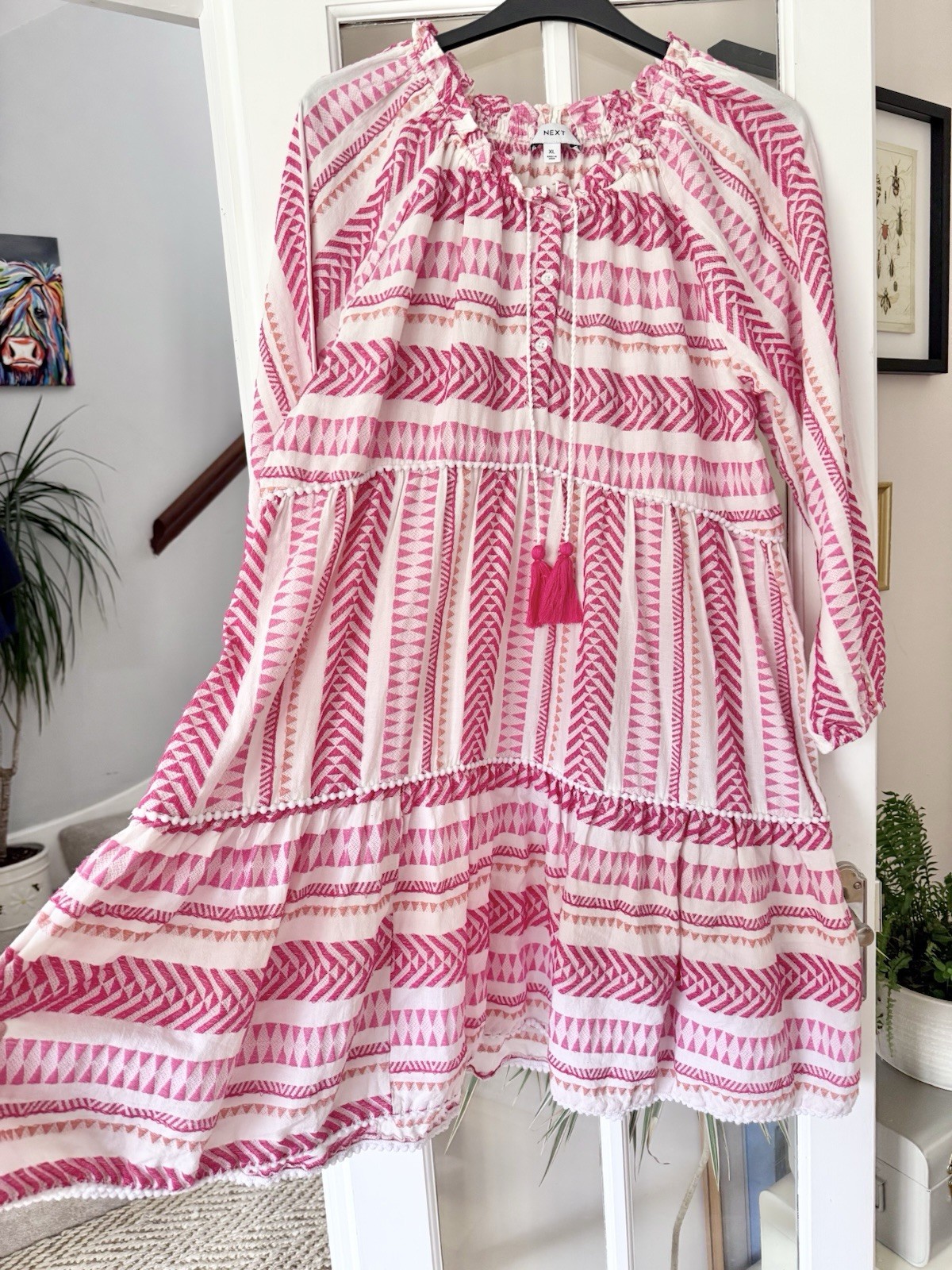 Next Pink Coral & Cream Ikat Print Smock Tie Neck Kaftan Dress Size XL UK 20-22