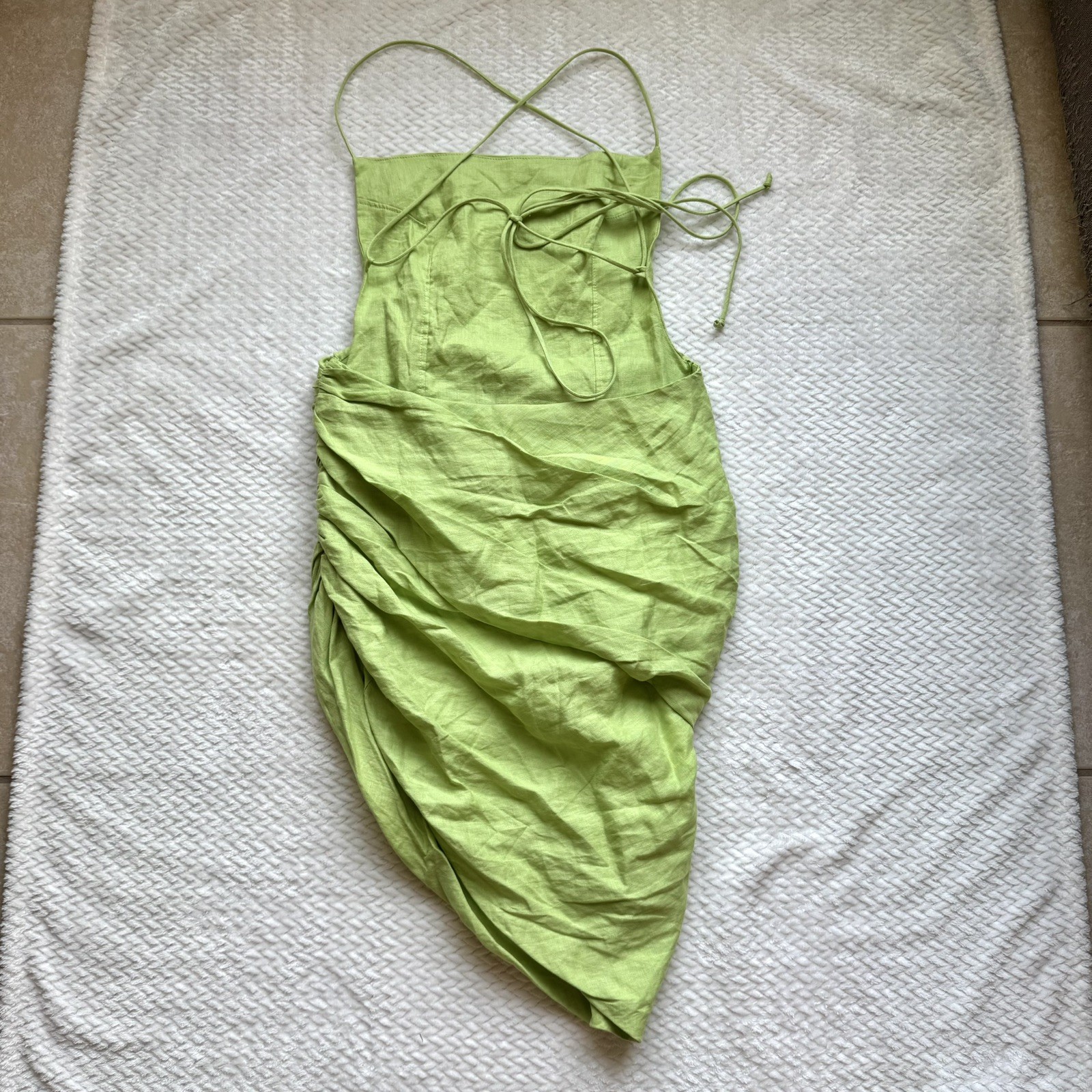 Linen Asymmetrical Mini Dress M L Lime Green Open Back Strappy Ruched Draped