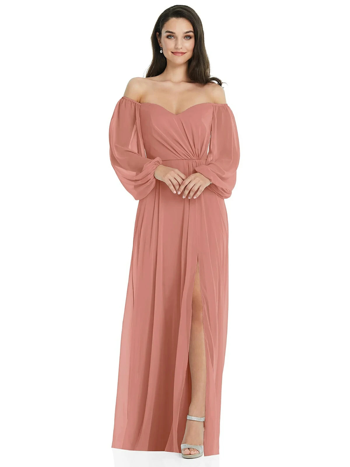 Dessy Collection Desert Rose Long Sleeve Chiffon Gown Size 8 $265 3104A2