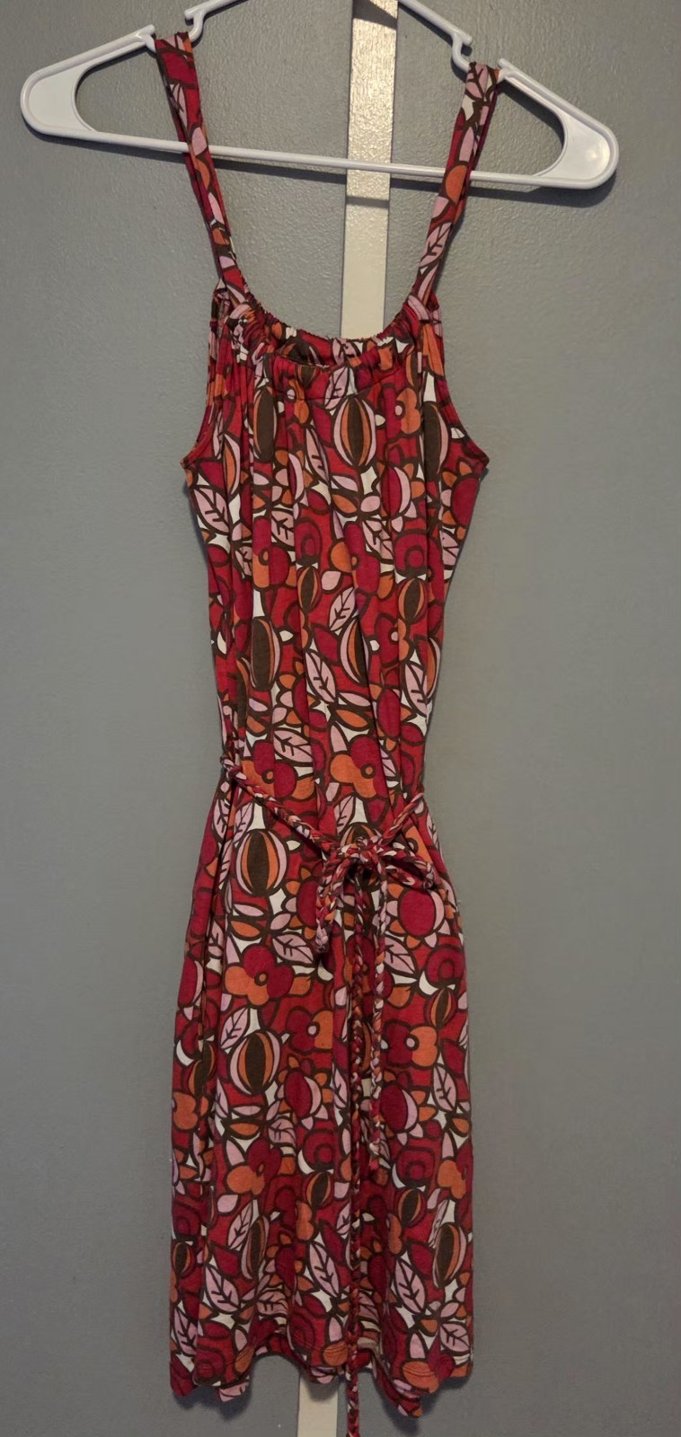 Boden Dress Medium Floral Red Pink Sleeveless Braided Tie Waist Beach Travel